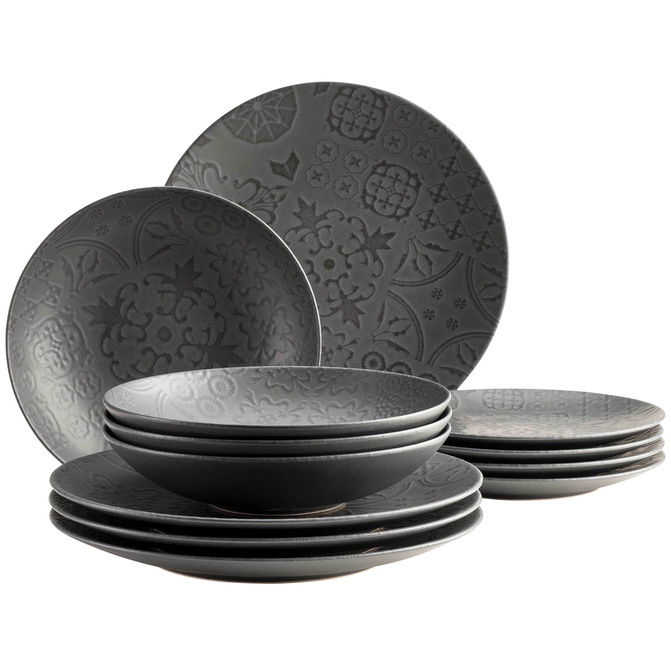 MÄSER 935076 Serie Tiles Vintage Tafelservice für 4 Personen im maurischen Stil mit moderner Mattglasur, 12-teiliges Keramikgeschirr Teller Set, Steinzeug, Schwarz