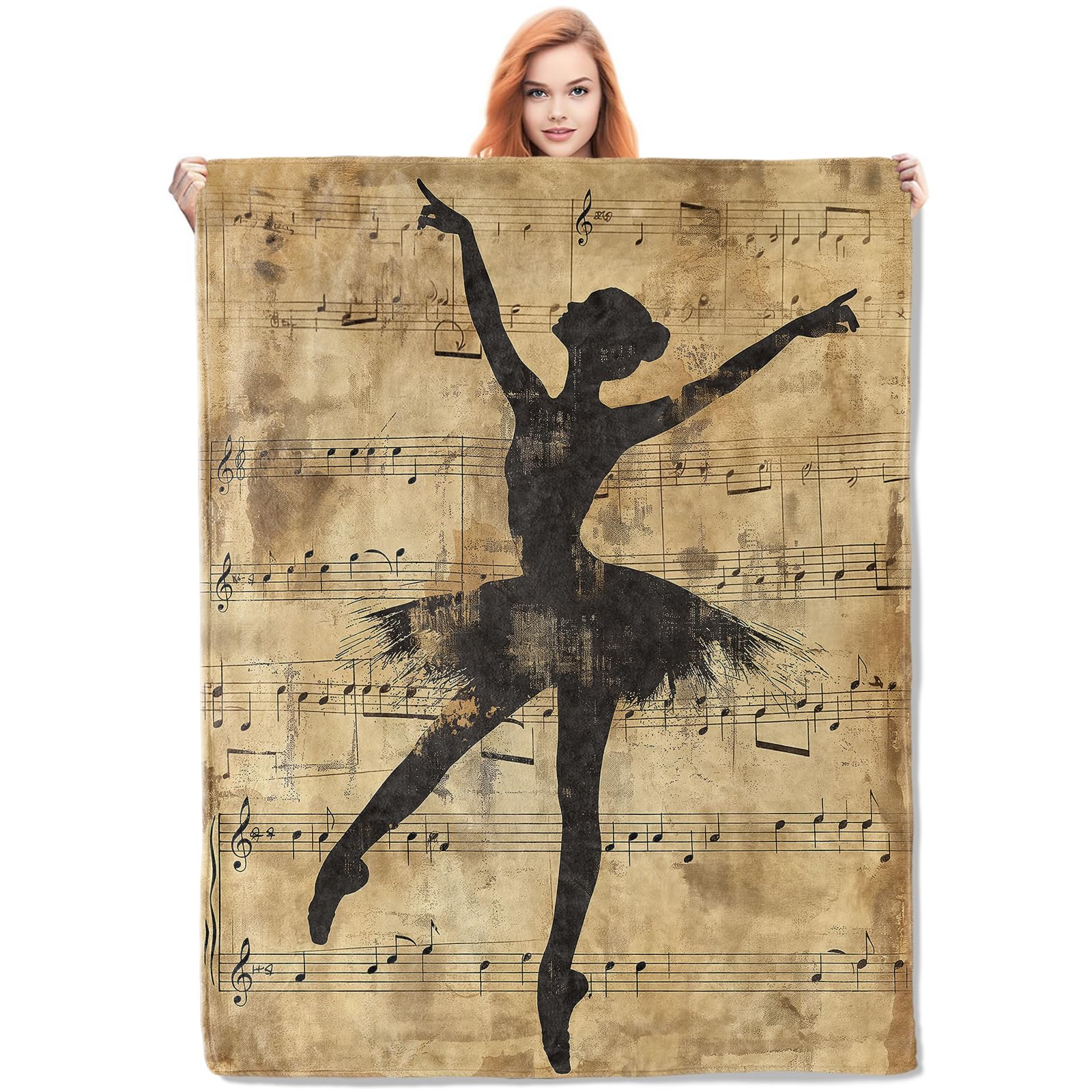 VANZEV Vintage Ballerina Throw Blanket Gifts, Soft Cozy Fleece Blanket with Ballet Dancer and Musical Notes Print, Blanket for Couch Bed Sofa, Perfect