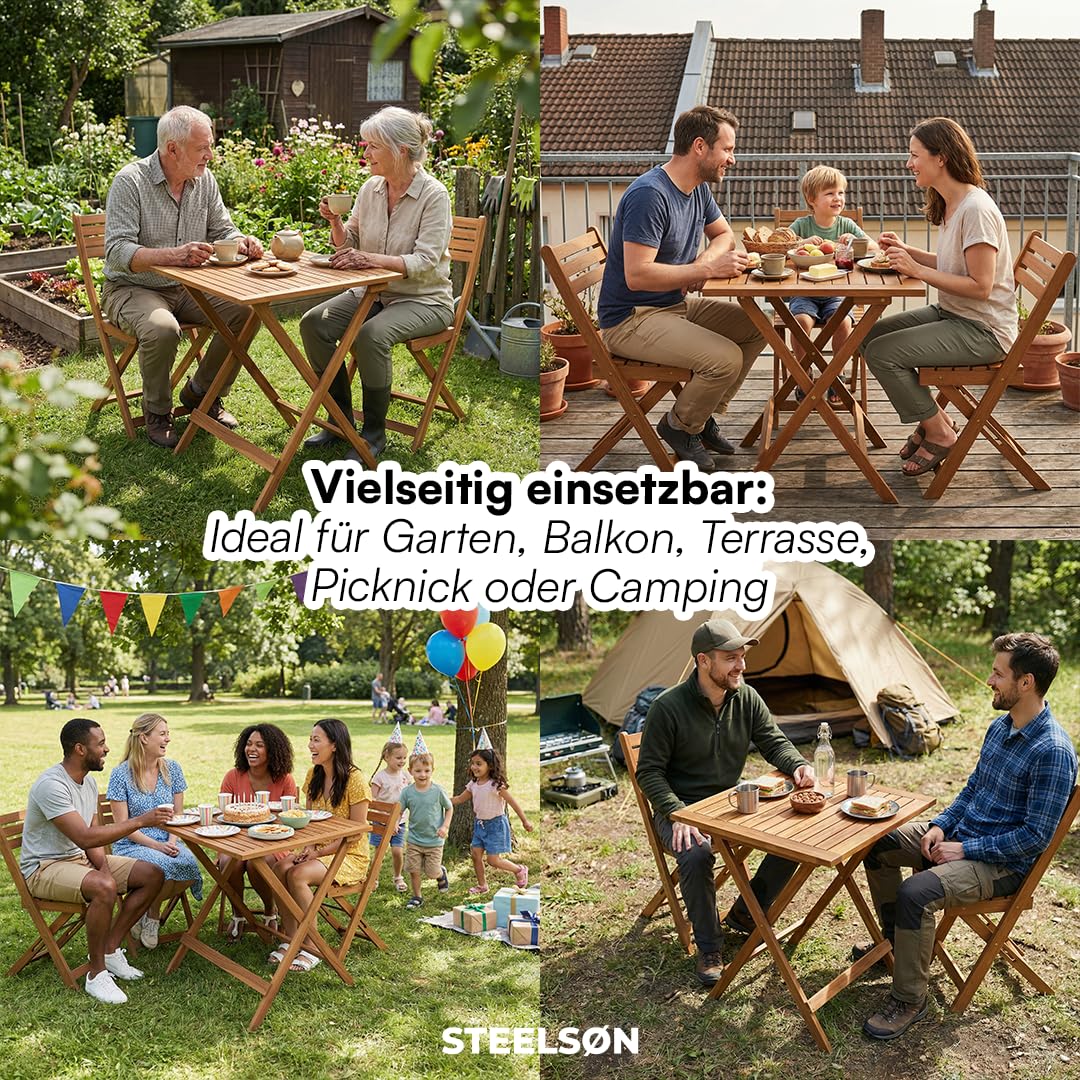 STEELSØN Lystra Gartentisch – Balkontisch 70x70 cm aus Akazienholz geölt – Klapptisch wetterfest bis 80 kg belastbar – Esstisch Garten klappbar – Outdoor-Tisch klein – Holztisch Terrasse – Gartenmöbel