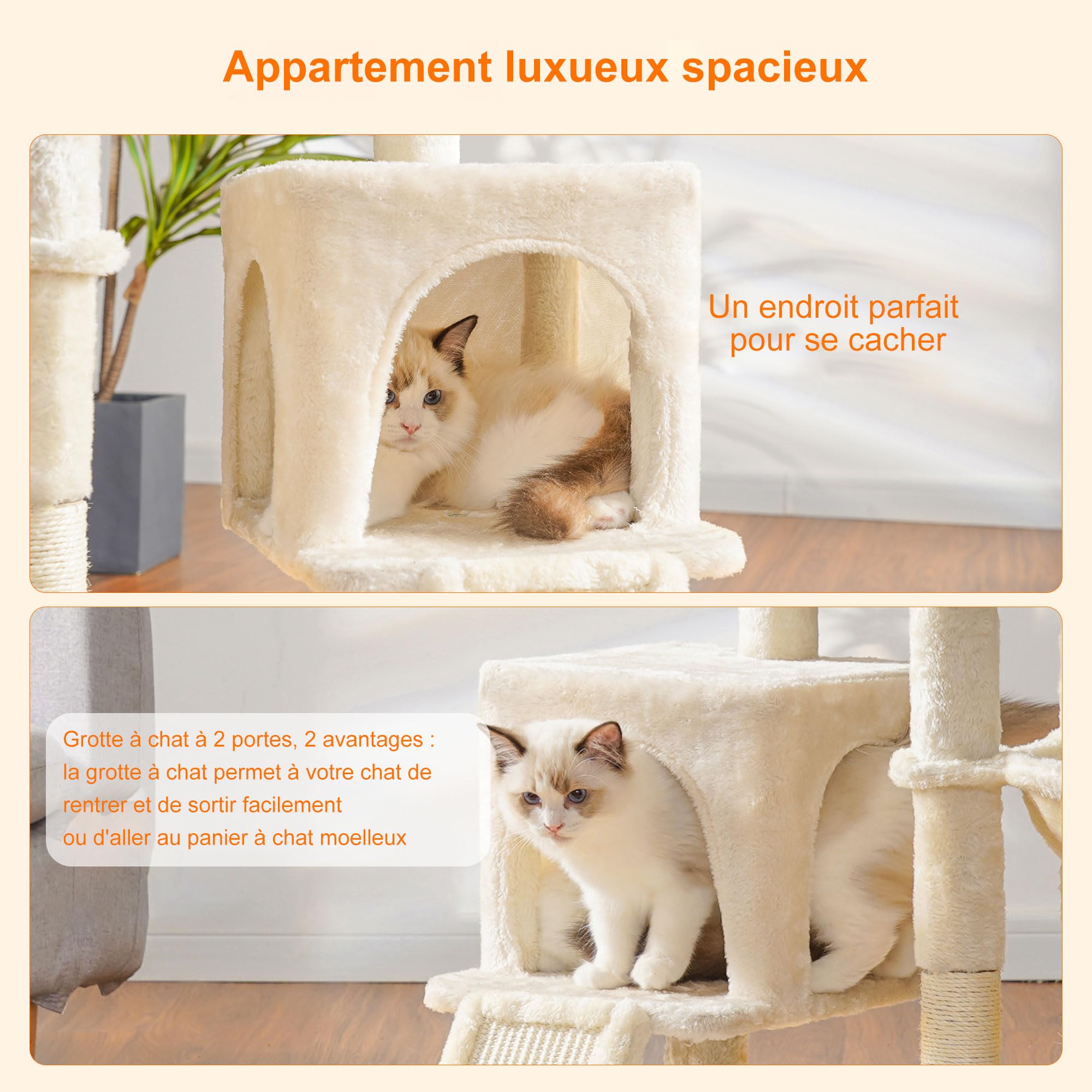 Heybly Arbre à Chat, Brosse de Nettoyage Automatique, Arbre à Chat Domestique Robuste avec Peluche Polie, Chaise Longue, Bac à Litière avec Panneaux et Griffoir, Beige HCT005SM