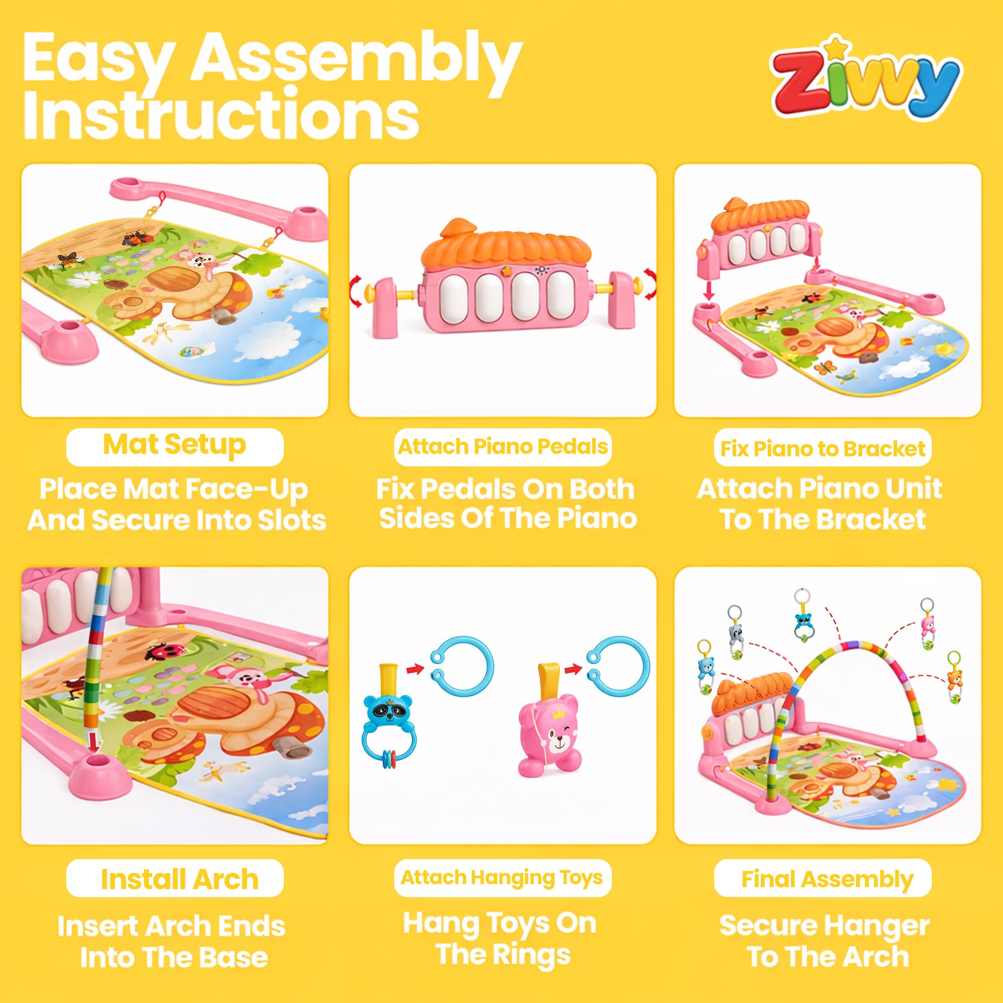 Zivvy Pink Play Gym for Babies 0 to 18 Months | Play Mat with Tummy Time Hanging Toys for Newborn | Floor Mat for Kids Playing | Infant Toys for 0 to 6 to 18 Months | New Born Baby Essentials & Gifts 1