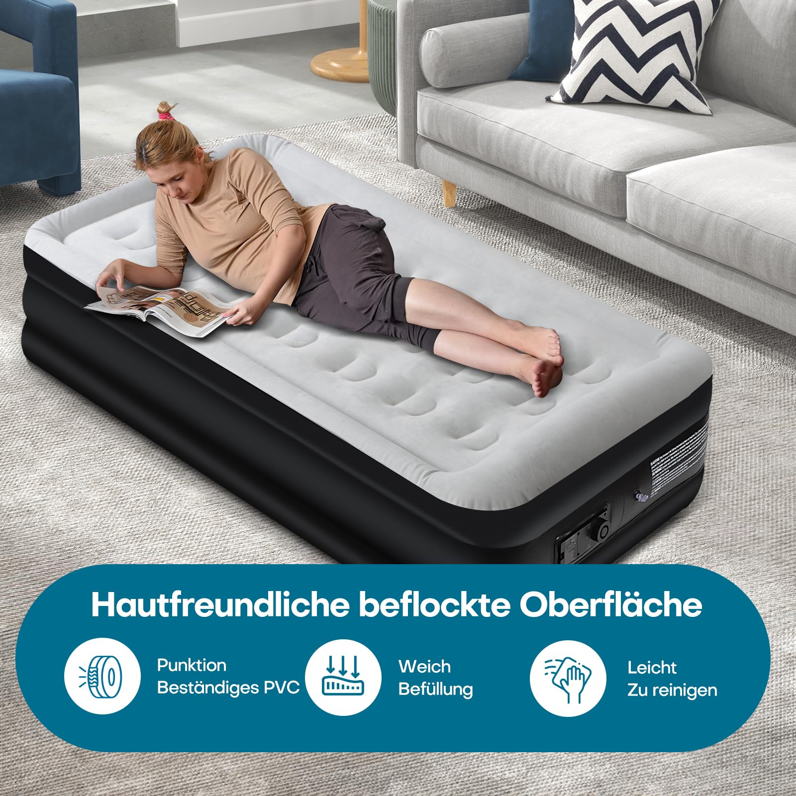Panana Luftbett 1 Person mit integrierter Pumpe, Einzel Luftmatratze aufblasbar 196 x 97 x 47 cm, Gästebett mit beflockter Oberseite, PVC Luftbett mit Tragetasche für Zuhause Camping Gästezimmer