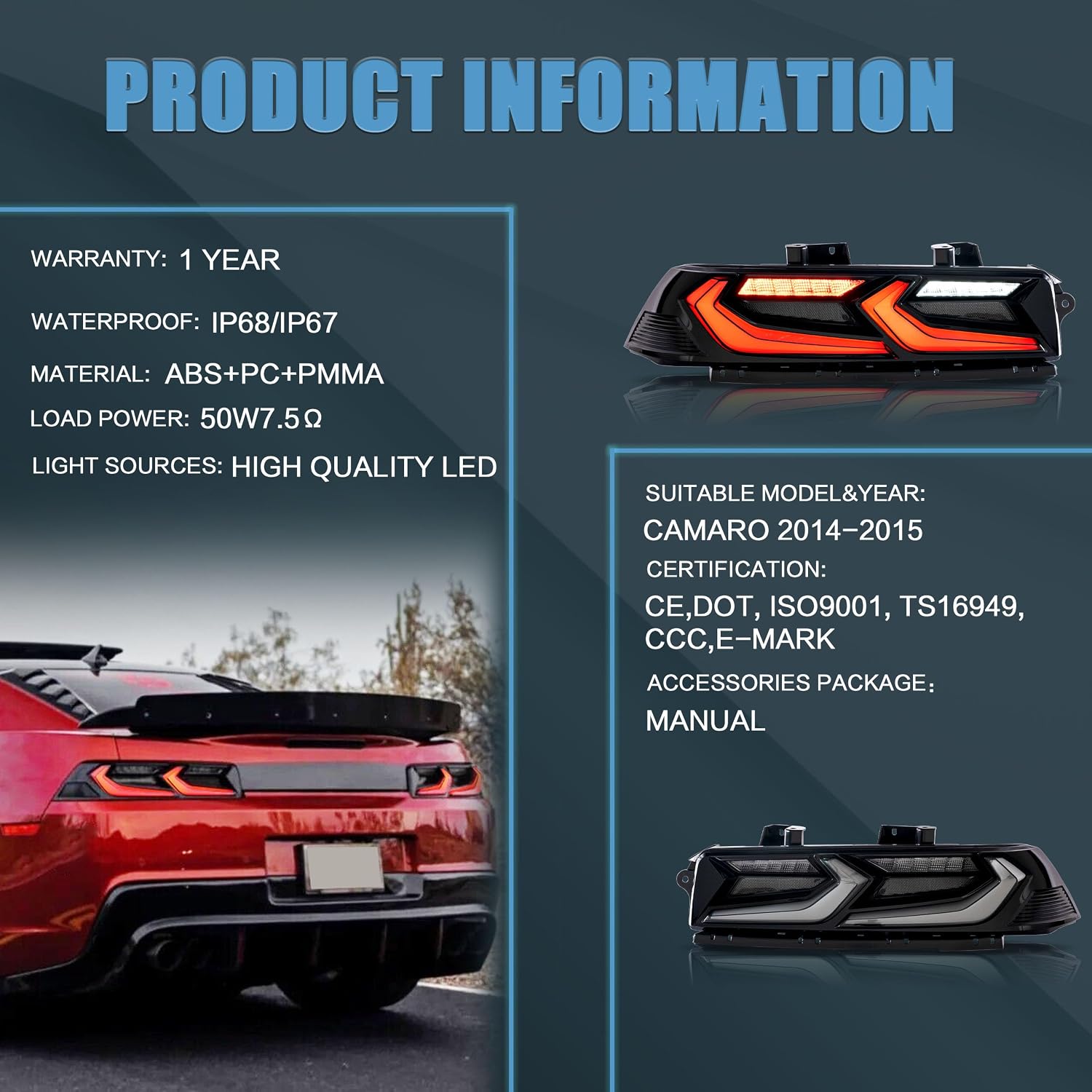 VLAND Taillights Assembly Fit for 2014-2015 Chevrolet Camaro 5th Gen, Smoked