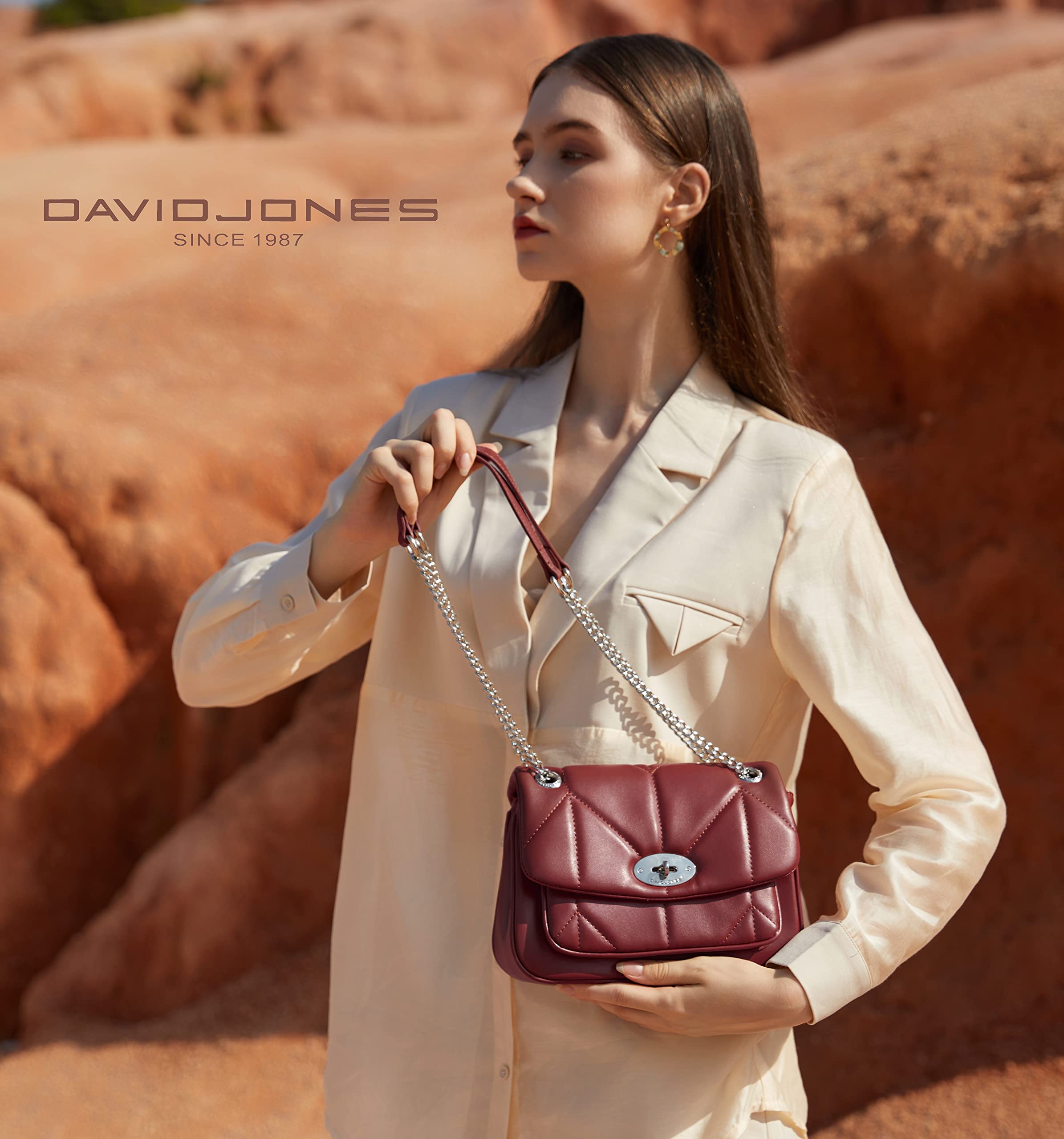 David Jones - Bolso Bandolera Acolchada Mujer - Bolso de Hombro Cruzado con Cadena Piel Sintética - Bolso de Mano Cuero PU Tamaño Mediano - Bolso Elegante con Torniquete Moda Clutch Embrague - Negro