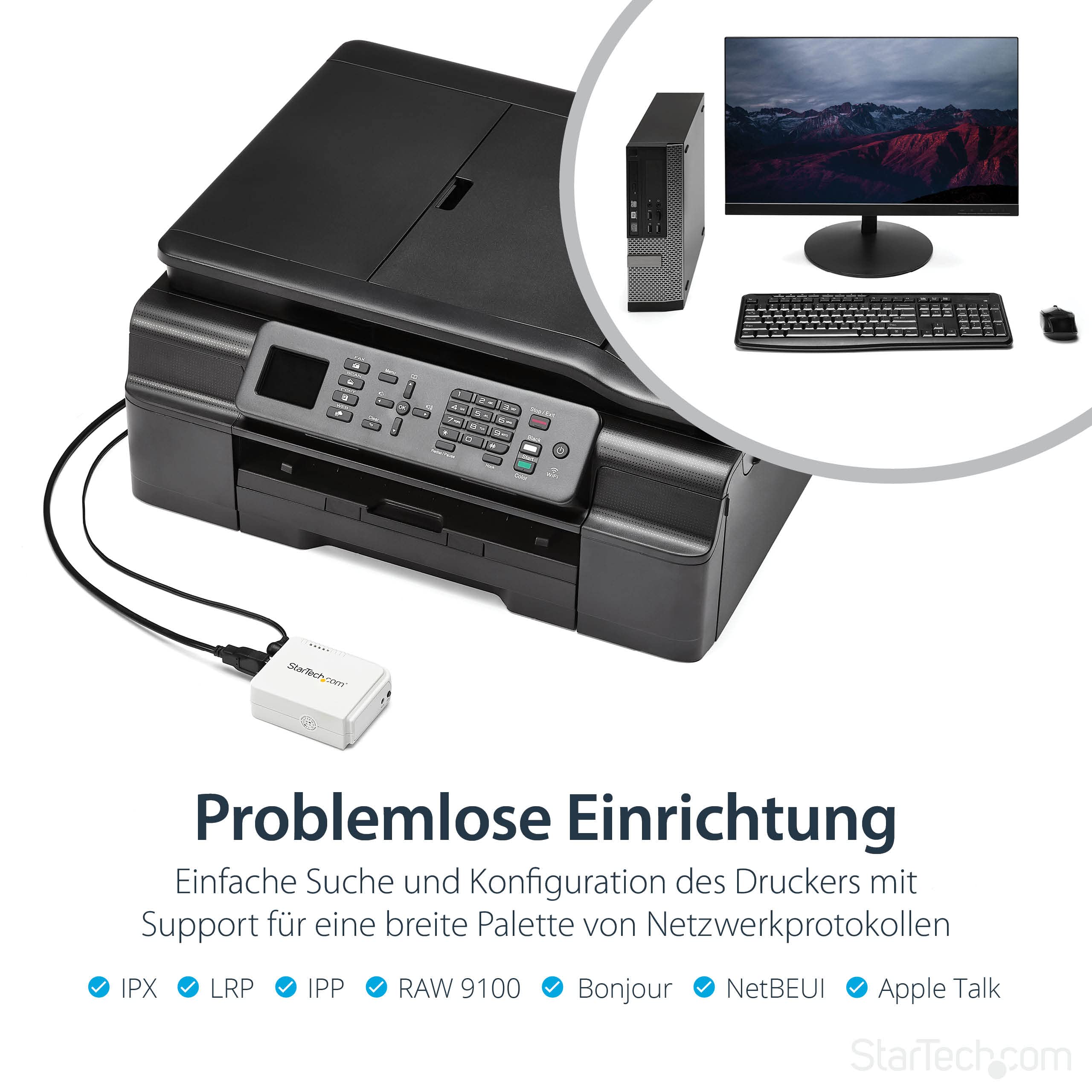 StarTech.com 1 Port USB WLAN 802.11 b/g/n Printserver mit 10/100 Mb/s Ethernet Anschluss - Wireless-N Druckerserver / Print Server