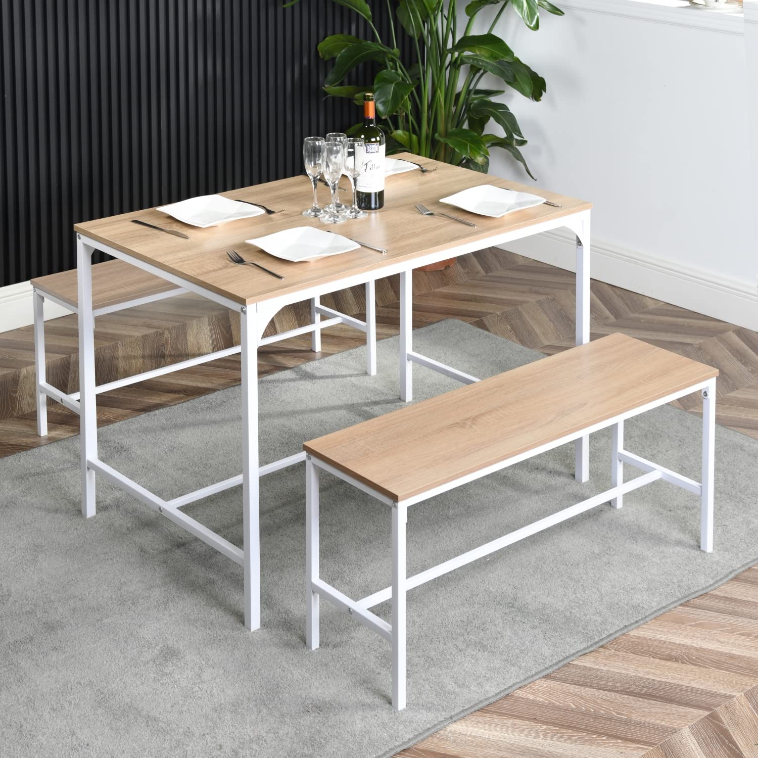 H.J WeDoo Dining Table with 2 Benches, 3 Piece Dining Room Set for Home Kitchen, Breakfast Table Chair Set, Metal Frame, Industrial Design, Oak & White
