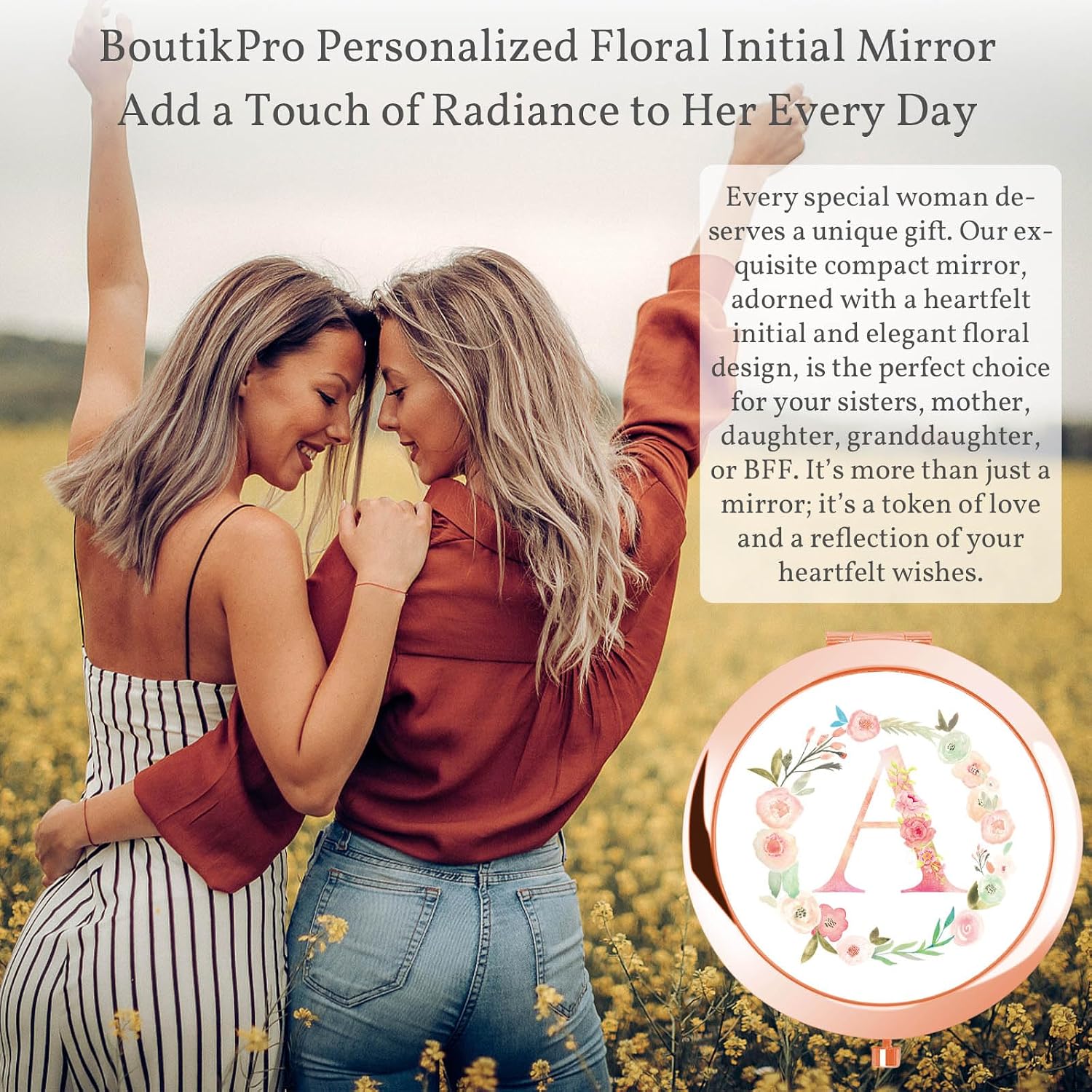 Personalized Gift Initial Compact Mirror w Box for Sister (A, Rose Gold)