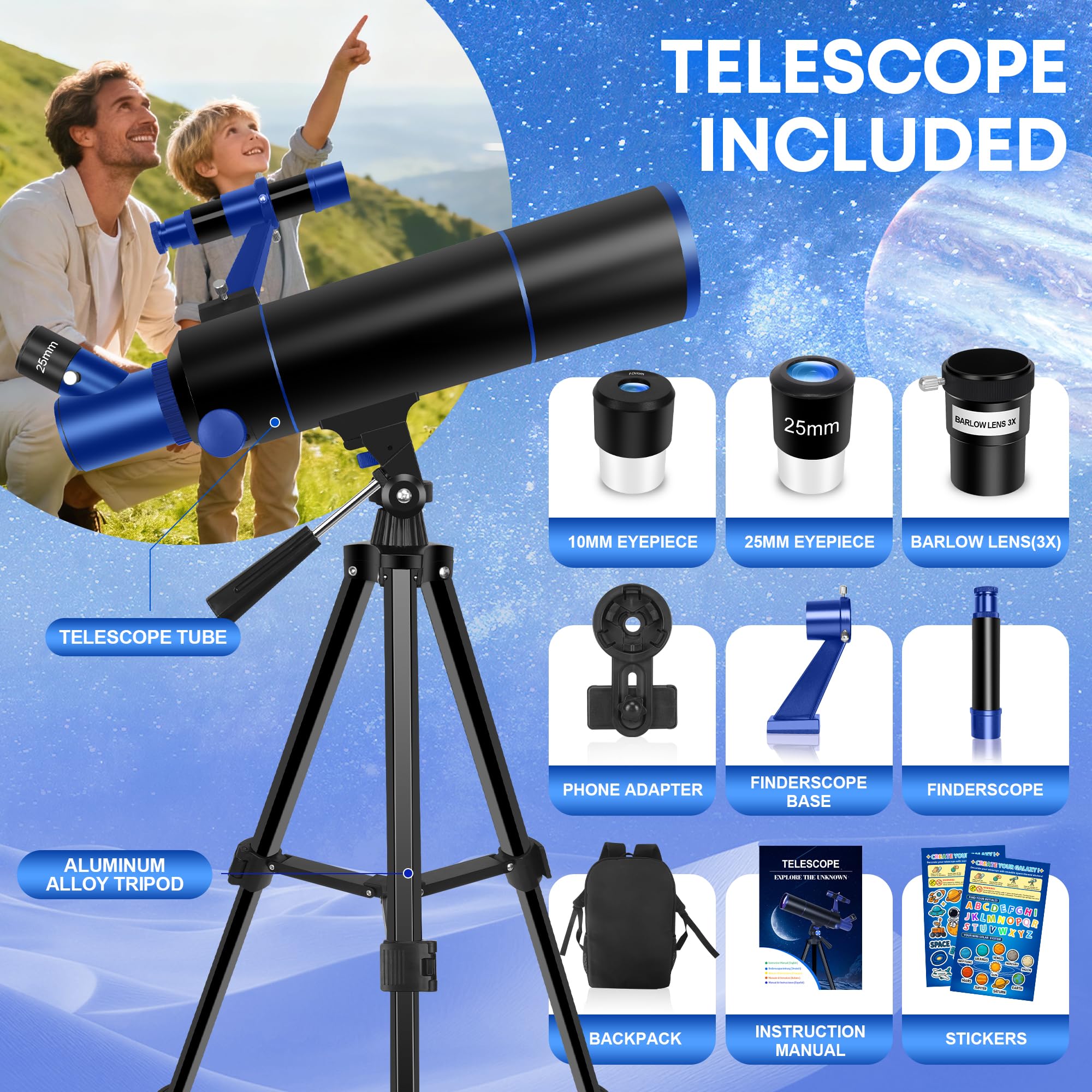 Dianfan Teleskop für Erwachsene Astronomie, 80mm Blende 500mm Teleskop für Kinder & Anfänger, Tragbares Telescope mit Rucksack, Telefon Adapter und Aufkleber