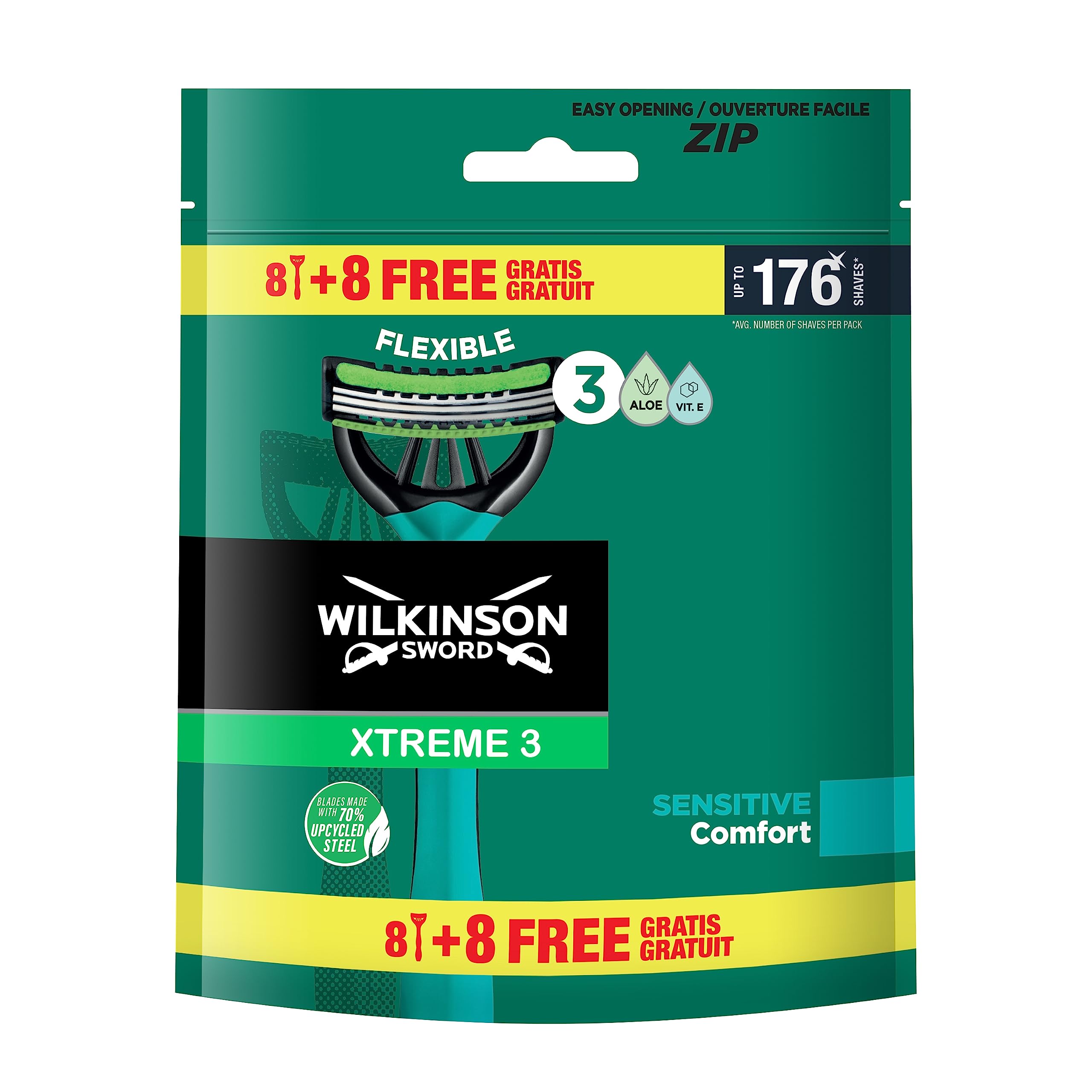 Wilkinson Sword Xtreme 3 Sensitive - Pack de 8 + 8 Maquinillas Desechables Con Una Banda Lubricante De Vitamina E y Aloe Vera - Optimas Para el Cuidado y Suavidad Facial