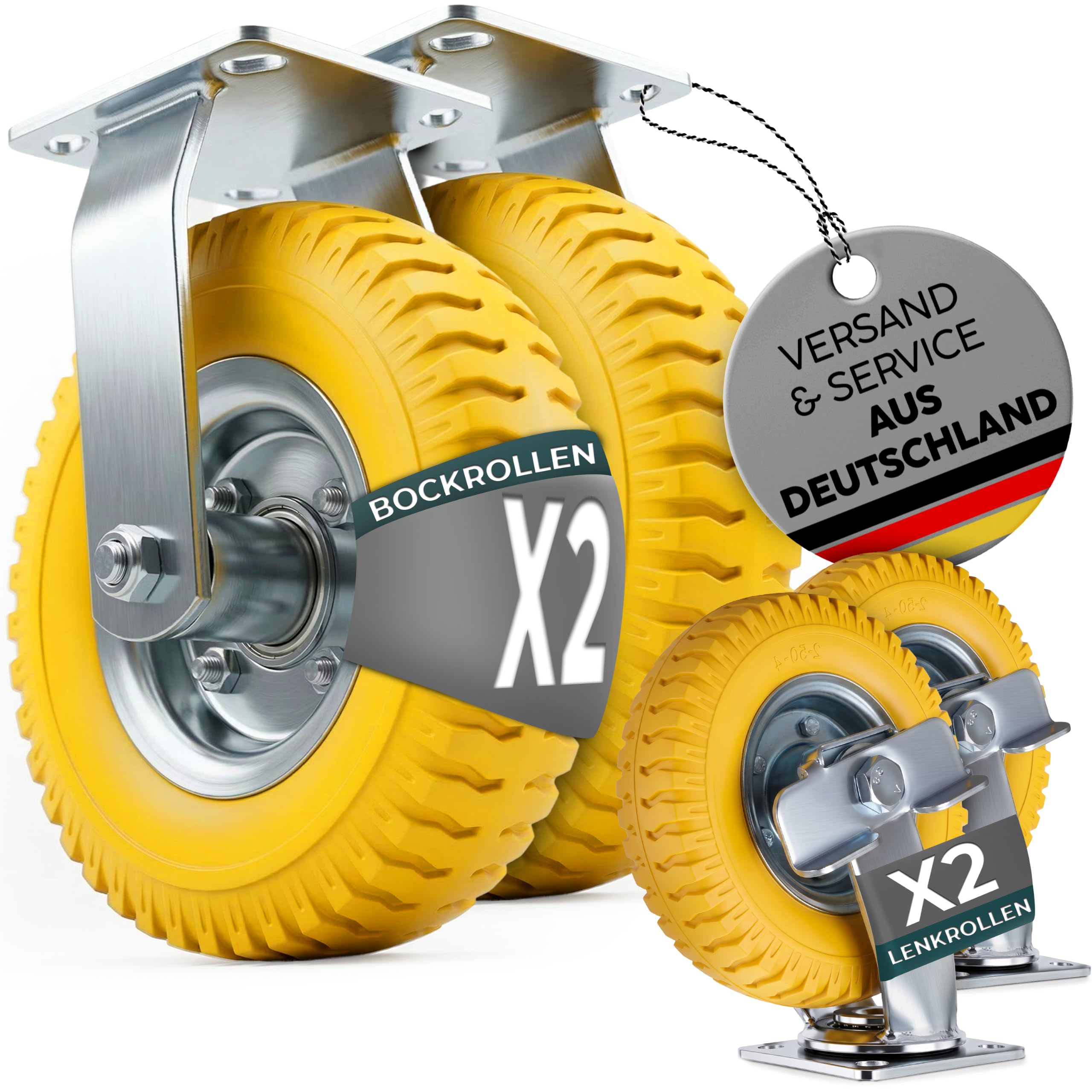 FROSAL Lenkrollen & Bockrollen SET PU 8“ pannensicher Bremse Ø Rad 200 mm Rollen Transportrollen Palettenrollen