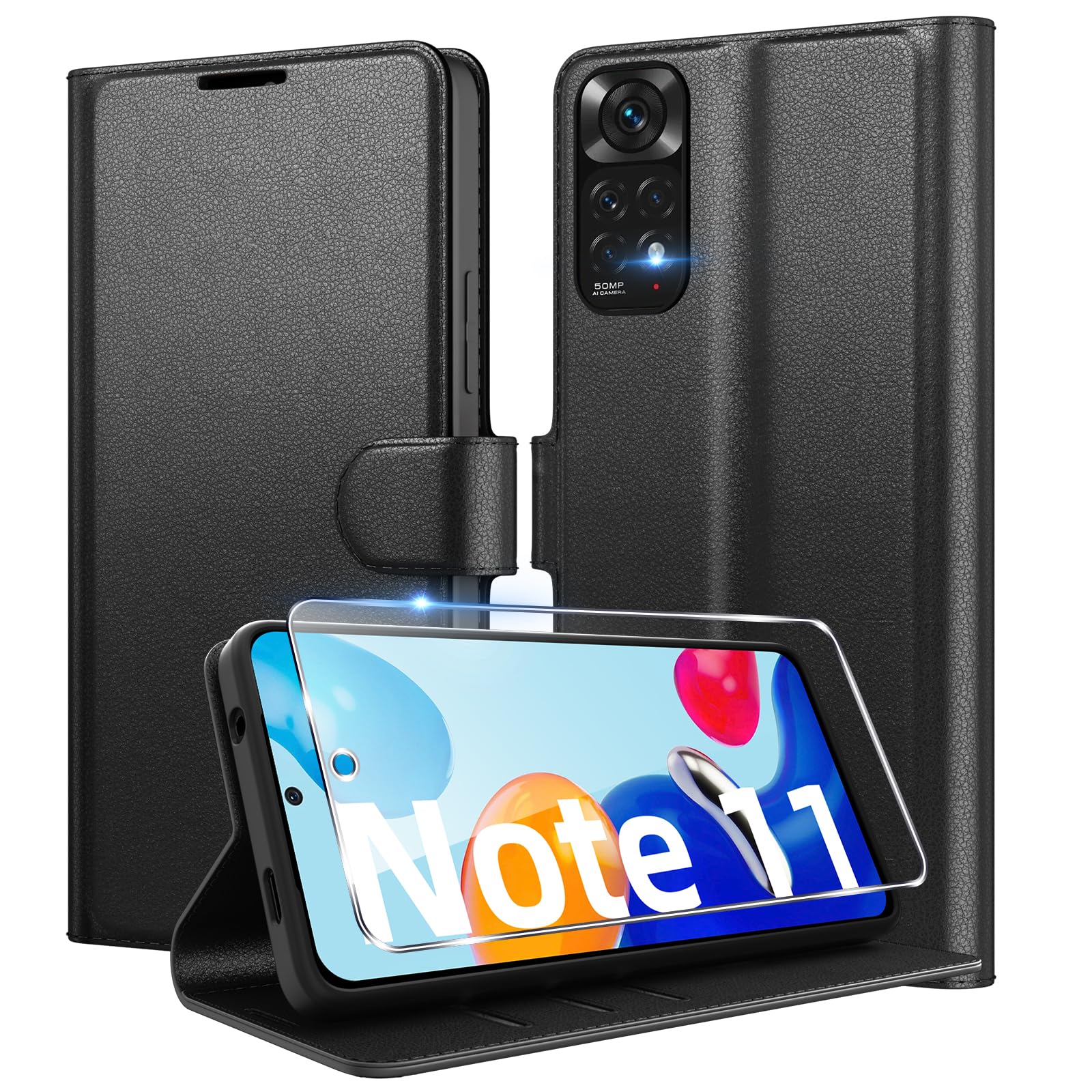 Eirltiy Cover per Xiaomi Redmi Note 11 / Note 11S 4G Portafoglio Pelle PU Premium, Custodia Scomparti Carte Antiurto Protettiva Case con 1 Vetro Temperato, Nero