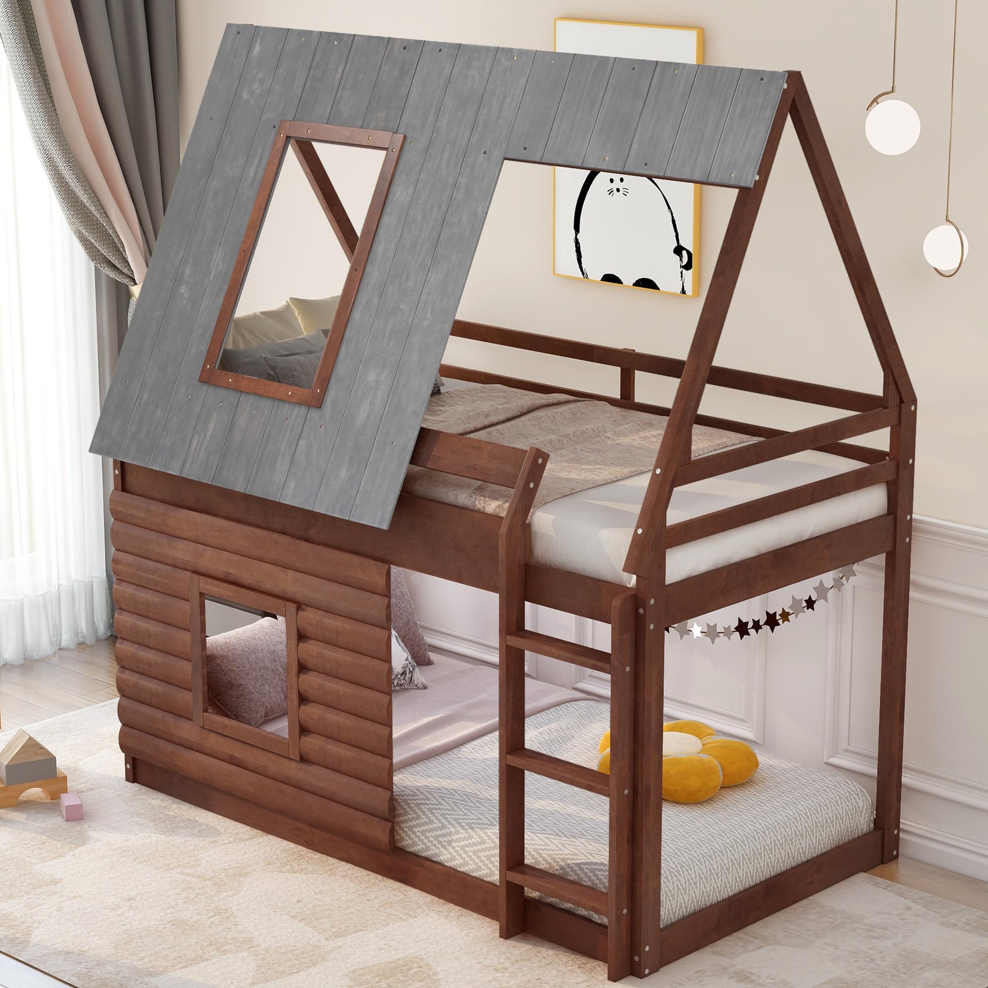 SOFTSEA House Bunk Bed, Twin Over Twin Bunk Bed Frame with Window, Twin Size Floor Bunk Bed for Kids, Low Bunk Bed Frame for Kids Teens, Oak