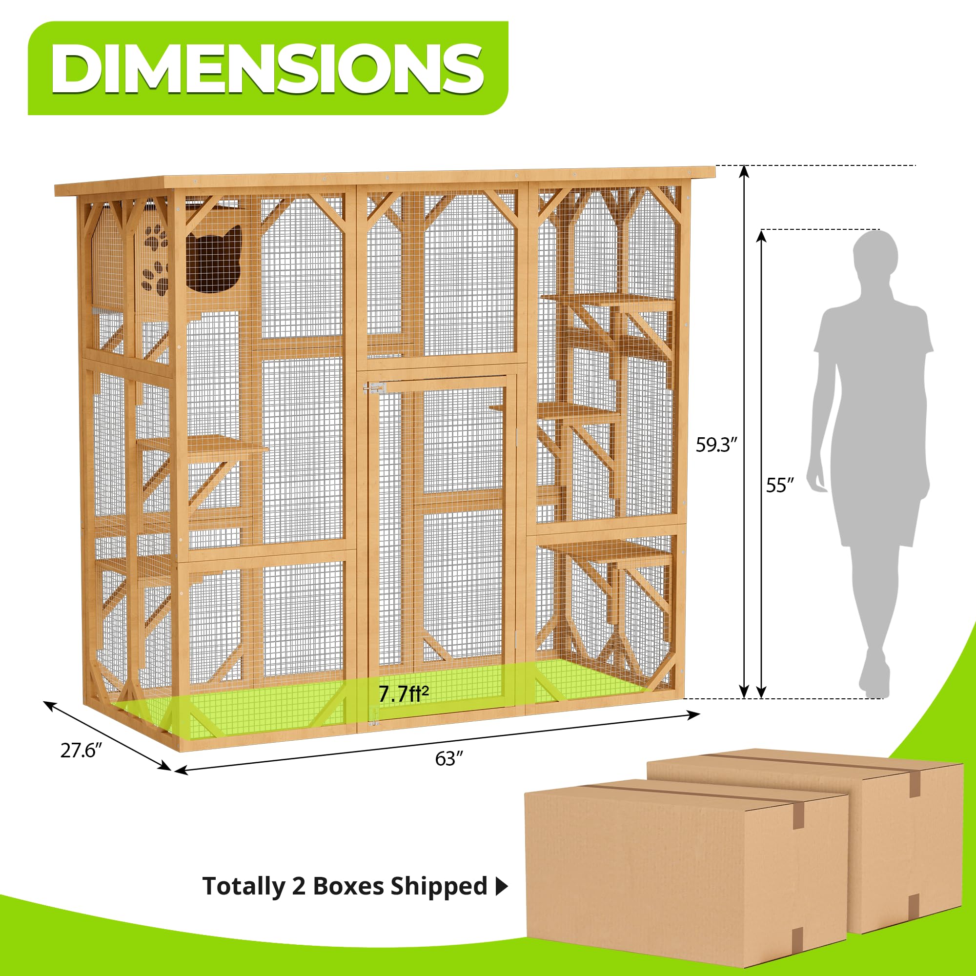 LETATA Catio Outdoor Cat Enclosure House, 5 Tiers Large Indoor Cat Cage with 5 Platforms Resting Box, Cat Catio Walk in Wooden Shelter Outdoor with Asphalt Waterproof Roof Metal Mesh (Original Wood)