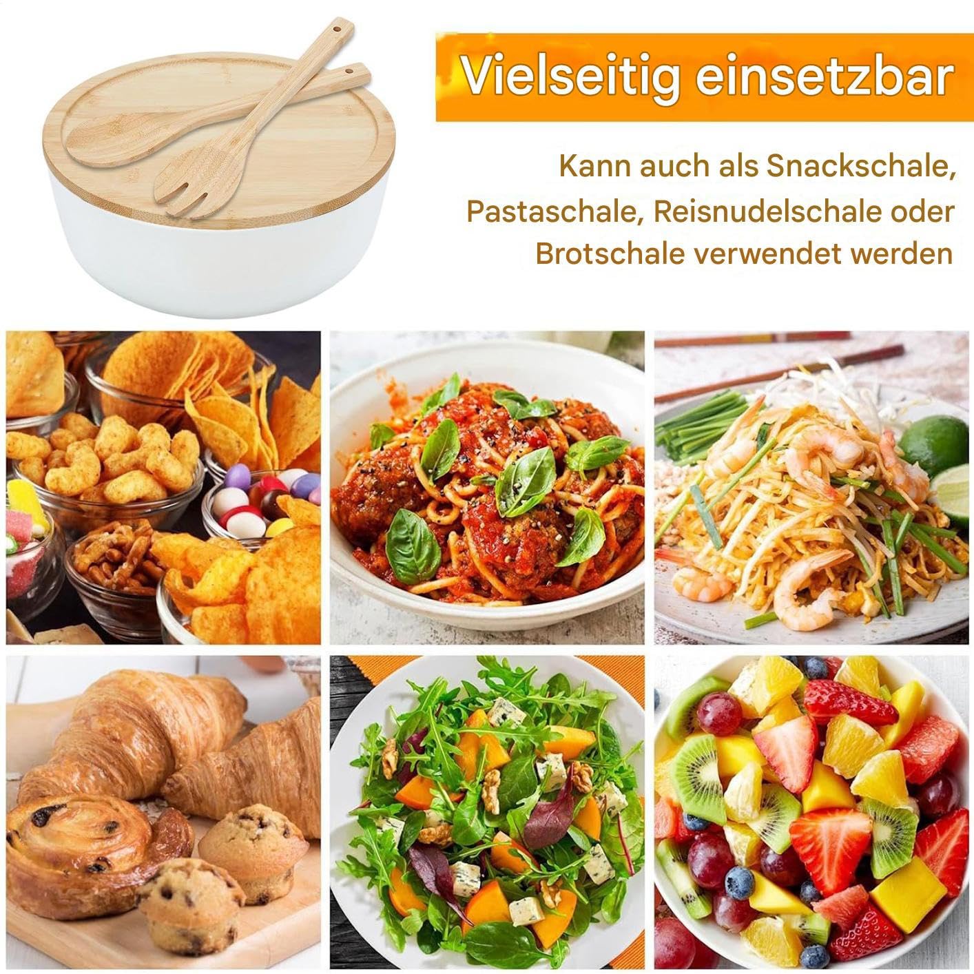 Ensaladeras Grandes Ensaladeras De Madera Vajilla Cuchara Tenedor | Boles Grandes para Ensaladas y Comer Verduras Pasta Cereal Fideos Preparación Comidas Cocinar Casa Camping Barbacoa