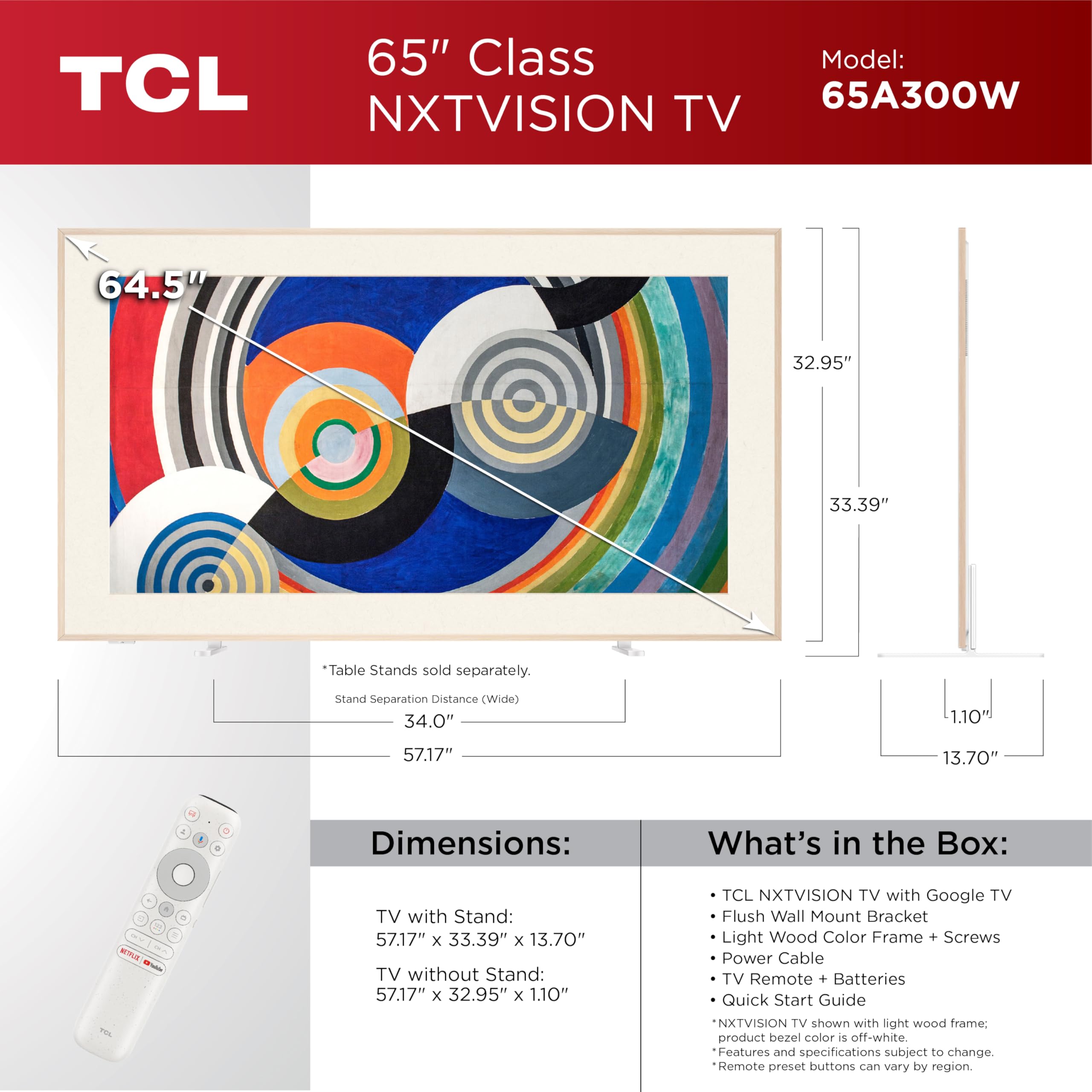 TCL 65インチテレビ 2024年製 Amazon | TCL 65インチクラス QLED 4K スマート NXTFrame TV (65A300W