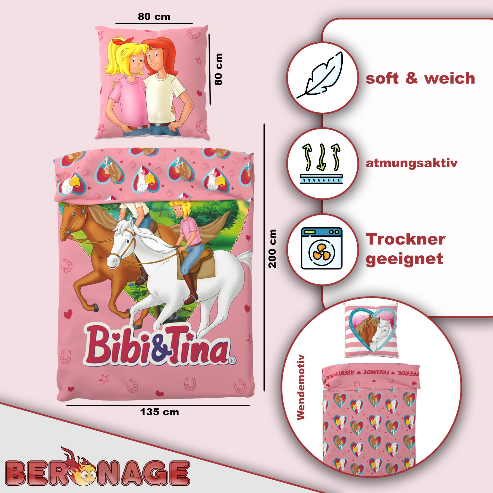 BERONAGE Bibi und Tina Kinder Wende-Bettwäsche Herz 135 x 200 cm + 80 x 80 cm - 100% Baumwolle Linon Renforcé Bibi Blocksberg Martin Pferde-Bettwäsche Sabrina Amadeus Deutsche Größe Reißverschluss