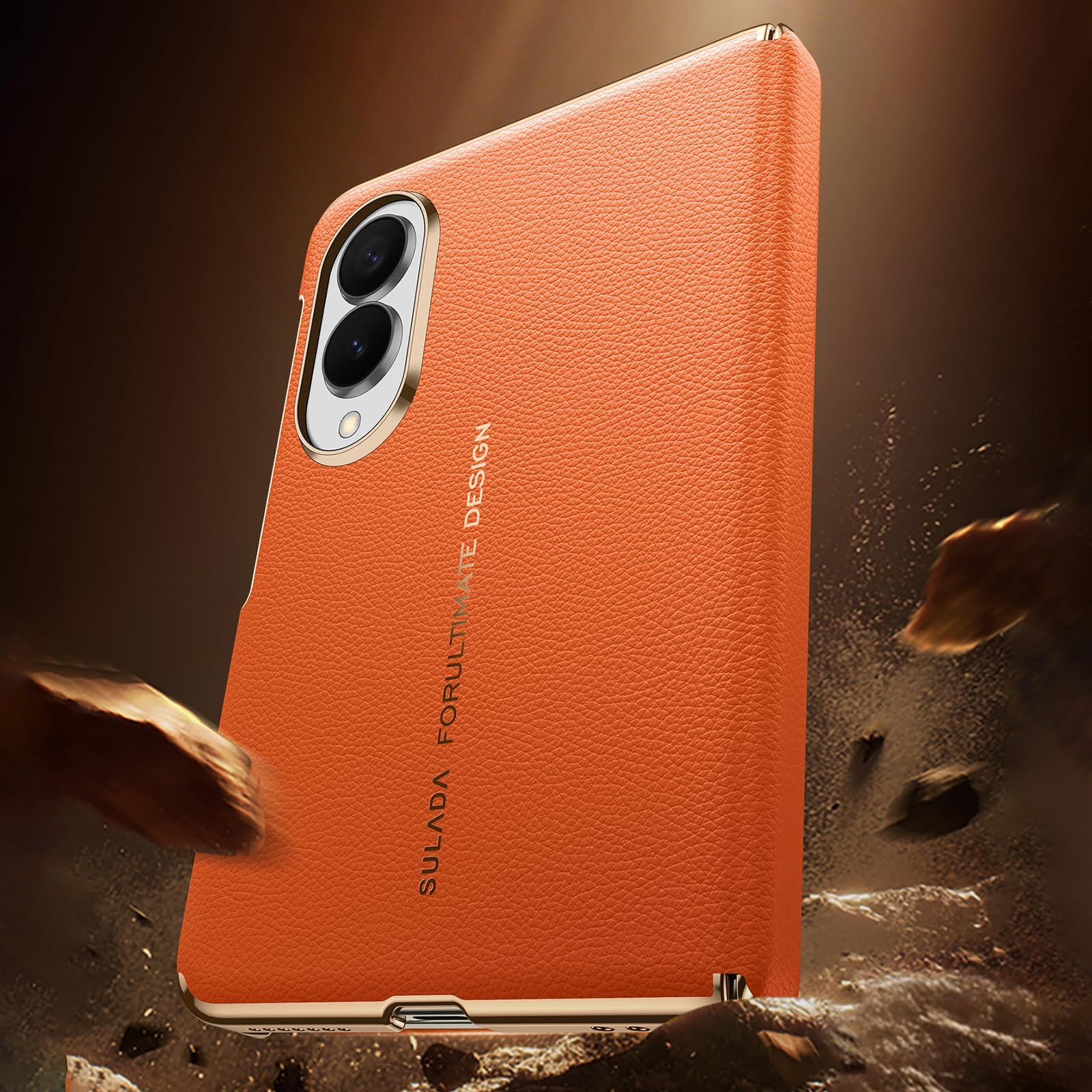 Custodia Magnetica For Samsung Galaxy Z Fold 8, Con Copertura Protettiva For Obiettivo Con Cerniera Custodia In Vera Pelle Elettrolitica Di Lusso Da Lavoro(Orange)