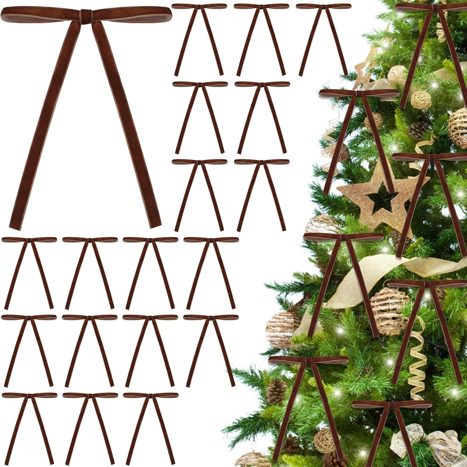 DIYDEC 24PCS Velvet Christmas Bow Ornament 5 x 7 Inch Xmas Wreath Ribbon Bows Christmas Tree Hanging Crafts Gift Bows Pendants for Holiday Home Outdoor Indoor Party Garland Decoration(Brown)