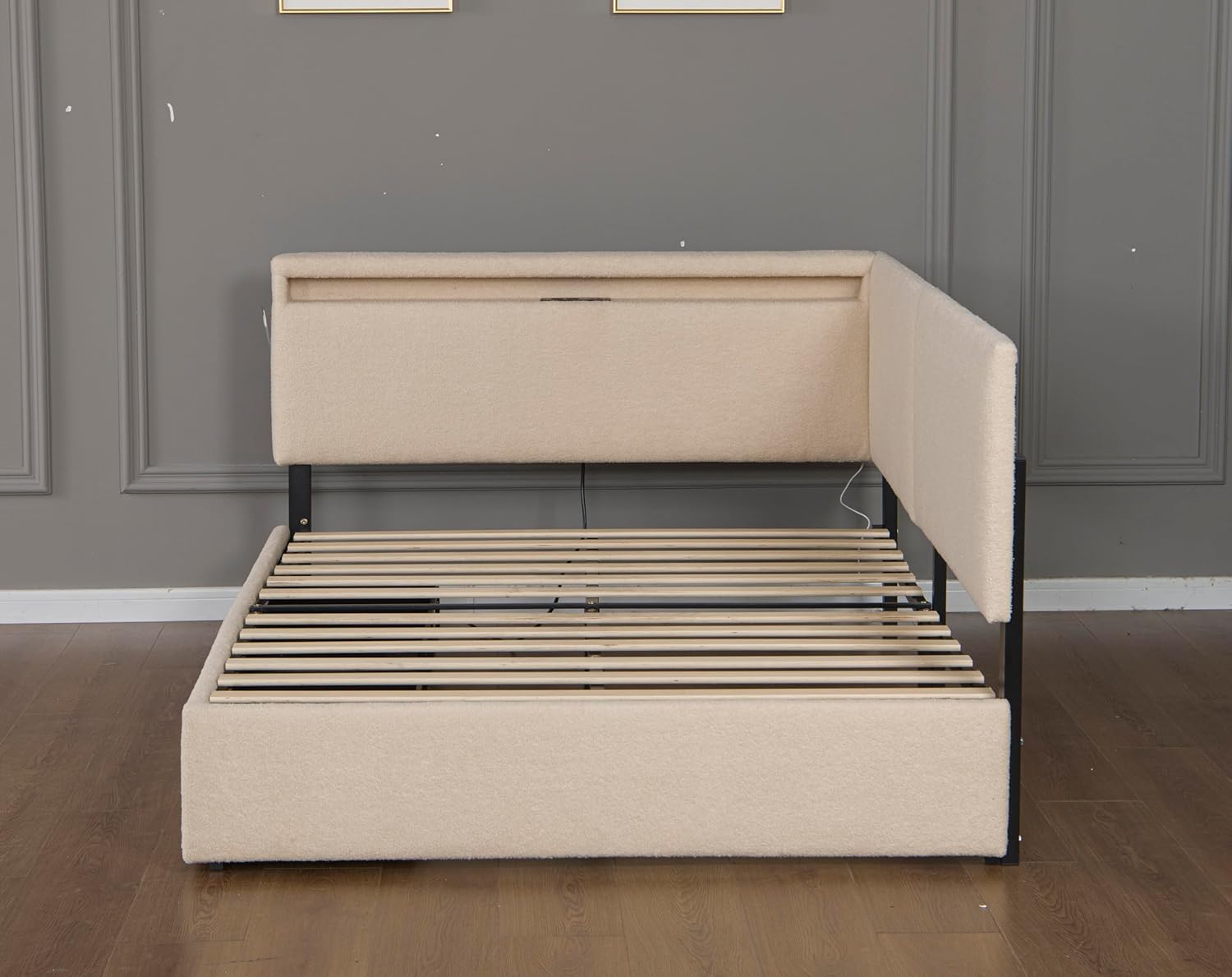 Twin Size Upholstered Daybed with 2 Storage Drawers, L-Shaped Day Bed Frame with LED Headboard and USB Ports, Space Saving Corner Bed for Kids, Girls, Adults, Boys, Beige