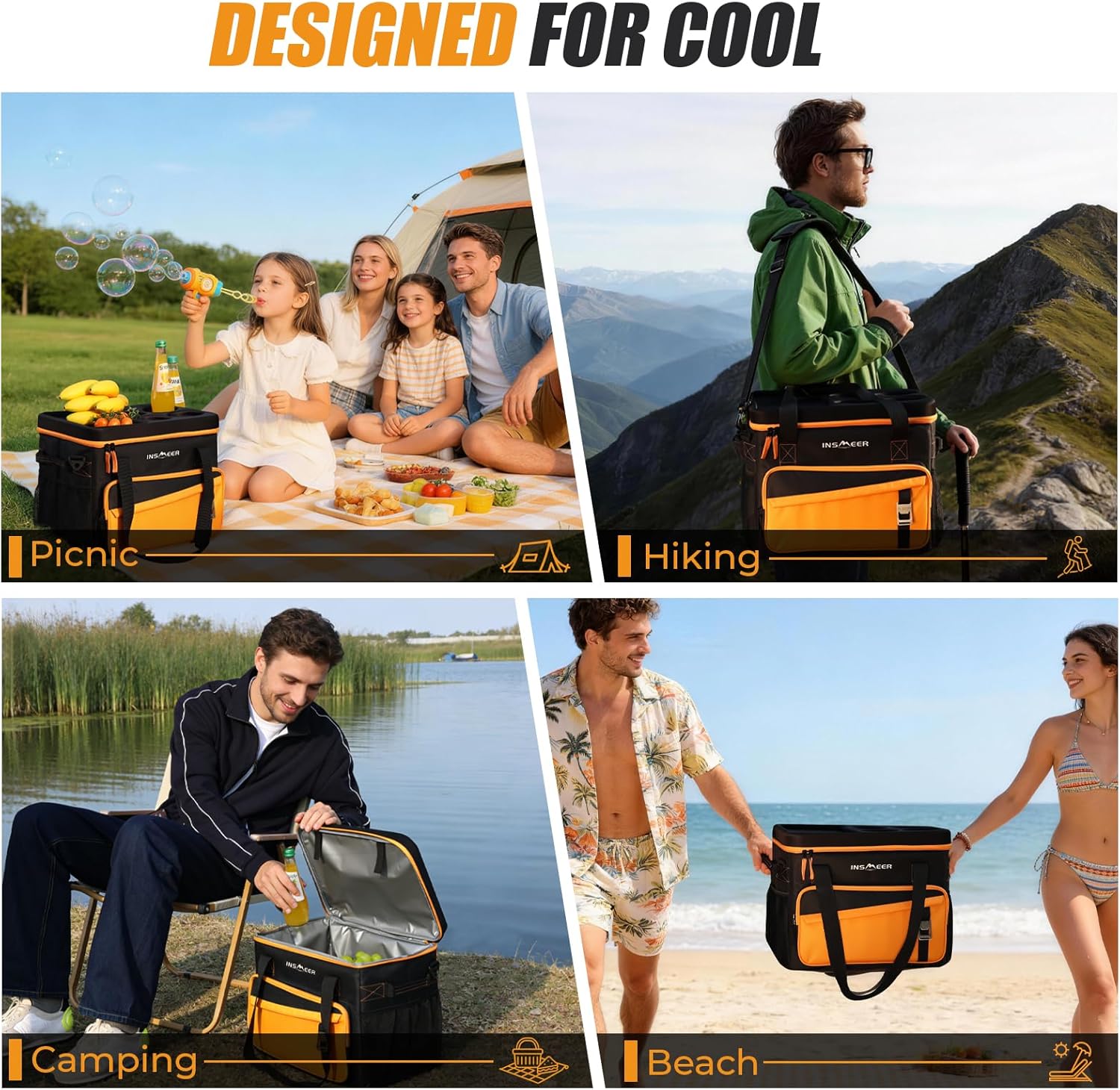 INSMEER Soft Cooler Bag with Hard Shell & 4 Cup Holders, 55 Cans 40L Collapsible Soft Sided Cooler, 100% Leakproof Insulated Cooler Bag Portable for Beach Travel Camping Picnic