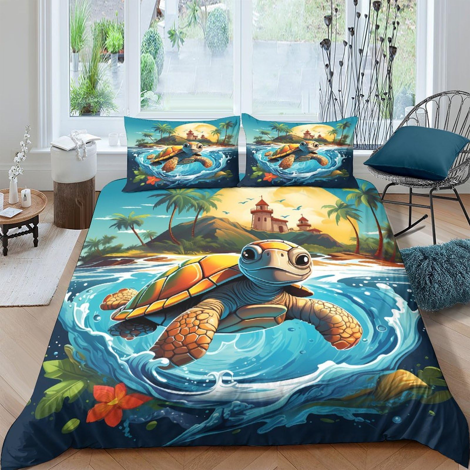 GPLZQXKJNH 3D Printed Sea Turtle Duvet Cover Microfiber Soft Breathable Ocean Island Bedding Set with 2 Pillowcases for Bedroom Decor Single（135x200cm）