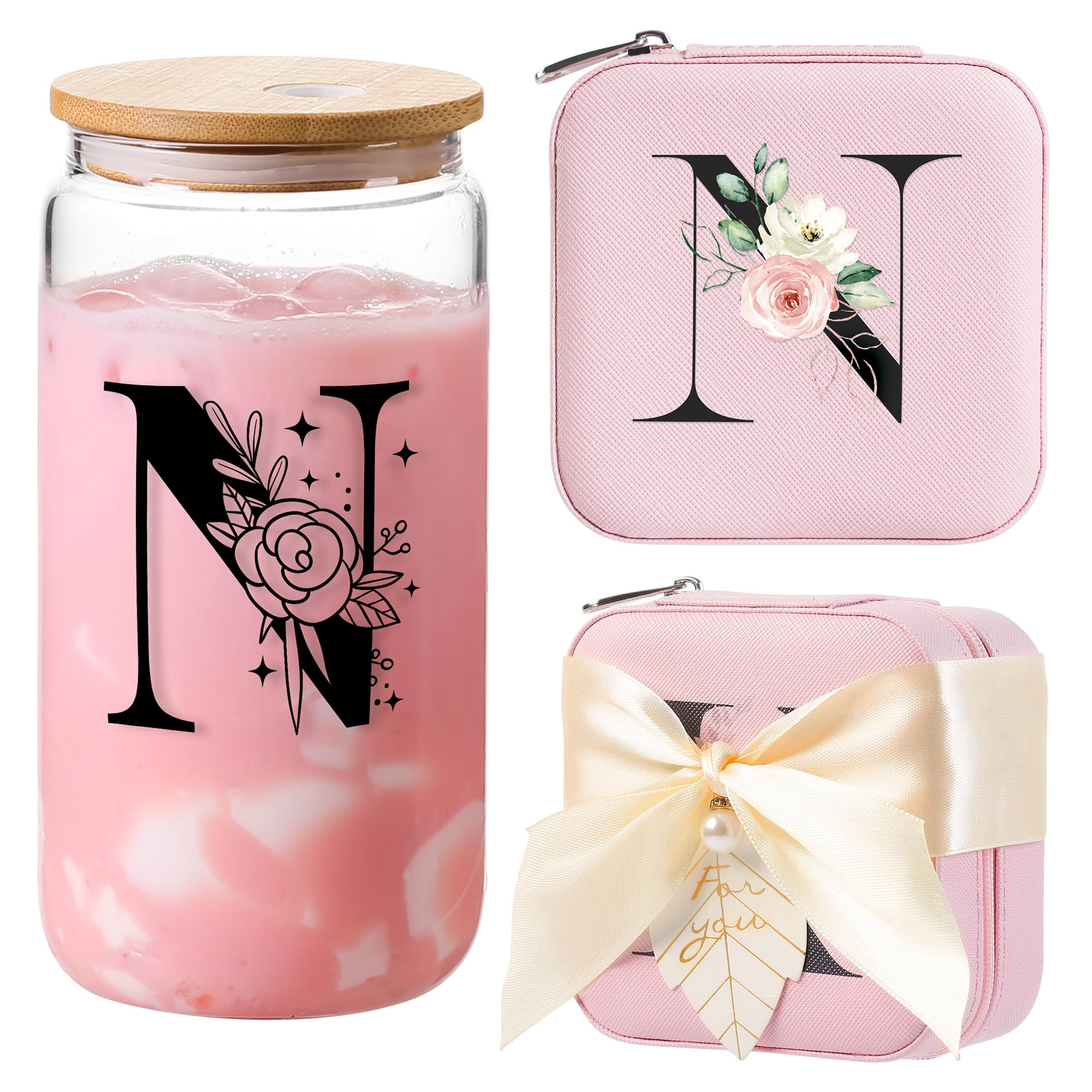 AYGXU Initial Glass Cups,Monogrammed Gifts, Small jewelry travel case,Travel Jewelry Box for Women Teen Girls,Travel Essentials,Cute Tumbler Cup with lid,Travel Jewelry Organizer,Initial pink N