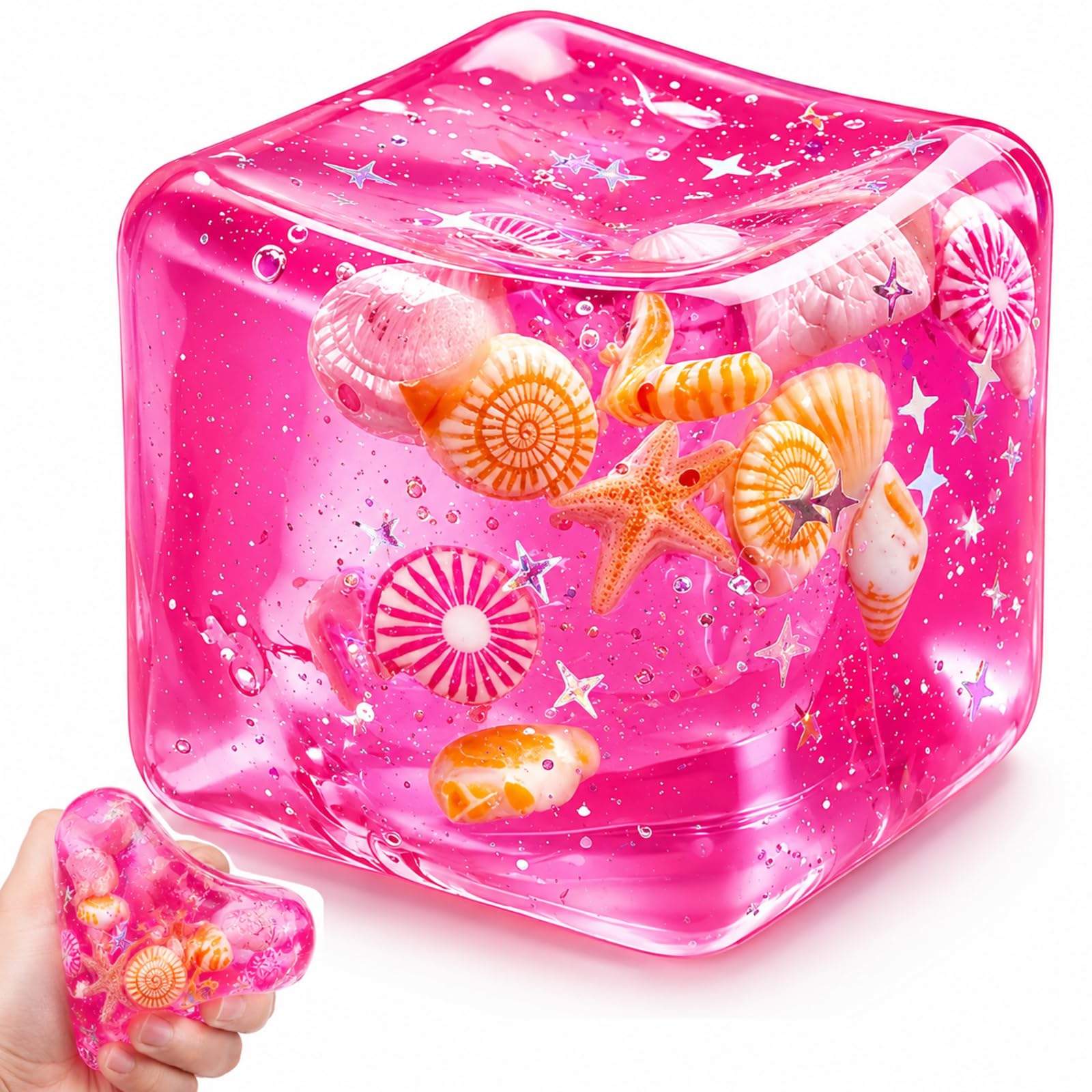 Ice Cube Squishy, Cube Squishy, Stress Relief Sensory Tool for Adults and Teens, Slow Rise Stress Ball for Office Desk and Classroom Focus, Pink Square Shape with Ocean Shells Design