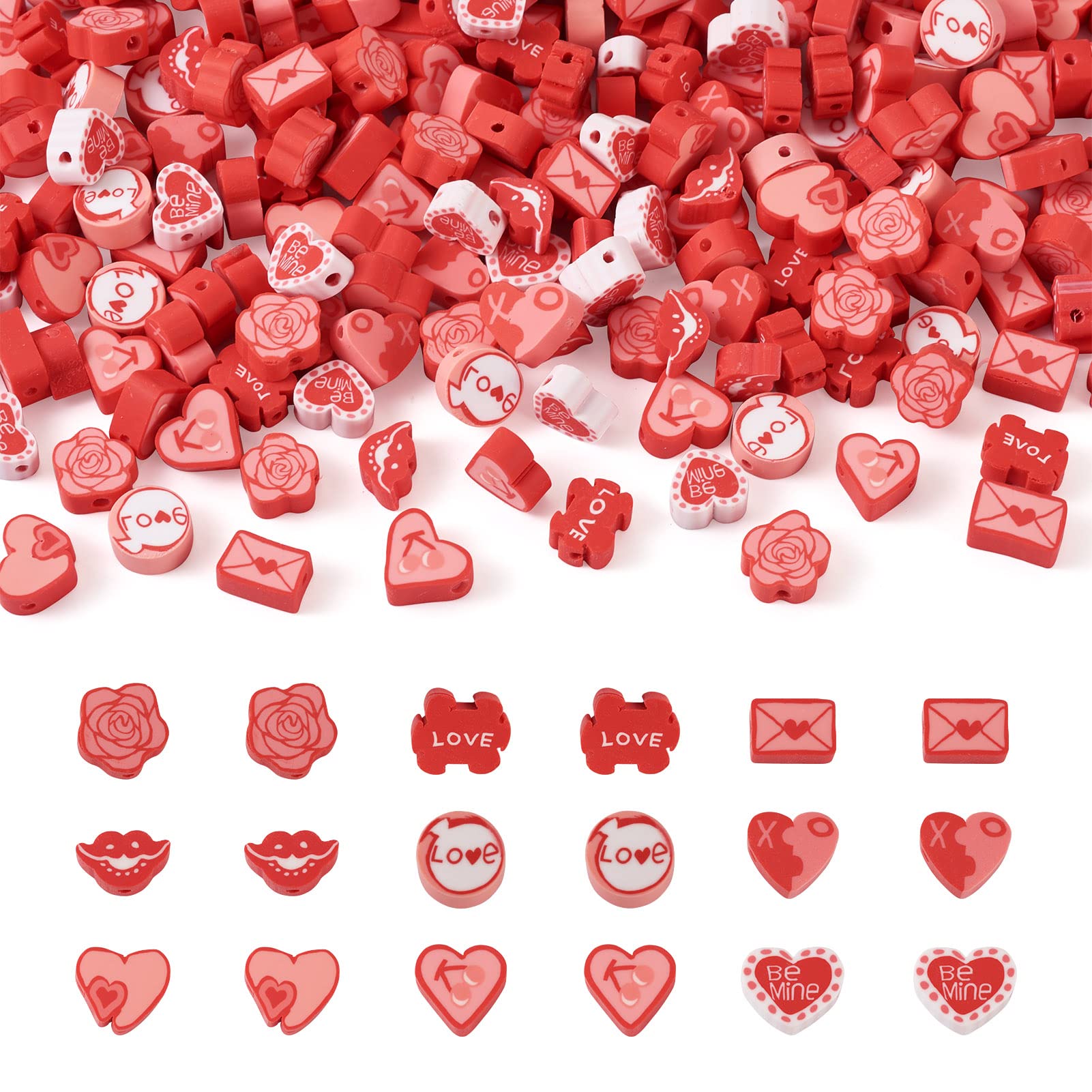 Crafans 270Pcs Red Heart Polymer Clay Beads Assorted Love Theme Polymer Clay Spacer Beads Envelope Red Lip Rose Handmade Polymer Clay Beads for DIY Jewelry Making