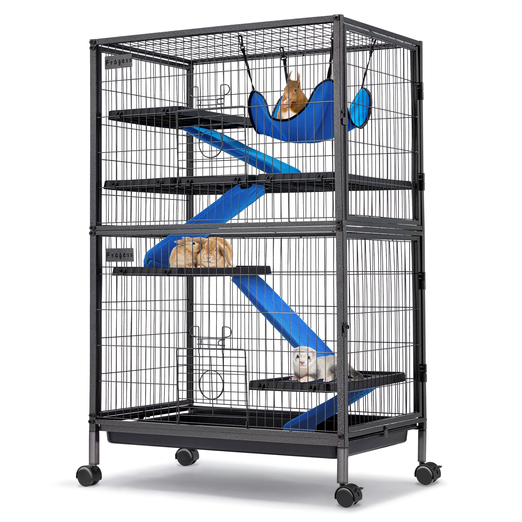 Fragess Kleintierkäfig, 127 cm hoch, Metall, rollbar, 5-stöckig, Meerschweinchenkäfig, Frettchenkäfig, Kaninchenkäfig, Chinchilla-Käfig für Ratten/Hamster, 1,3 cm Gitterabstand mit abnehmbarer Rampe