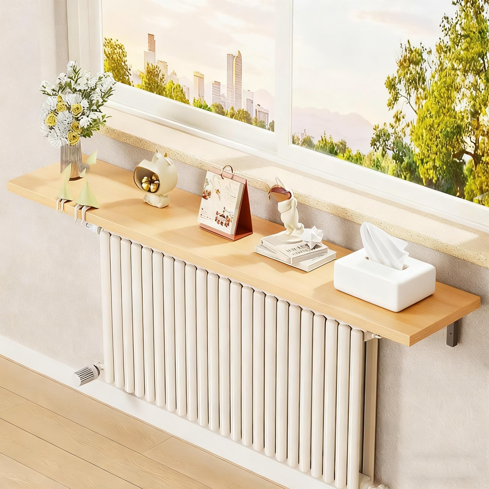 Étagère murale pour radiateur en bois jaune 100x20 tablette cuisine salon avec support