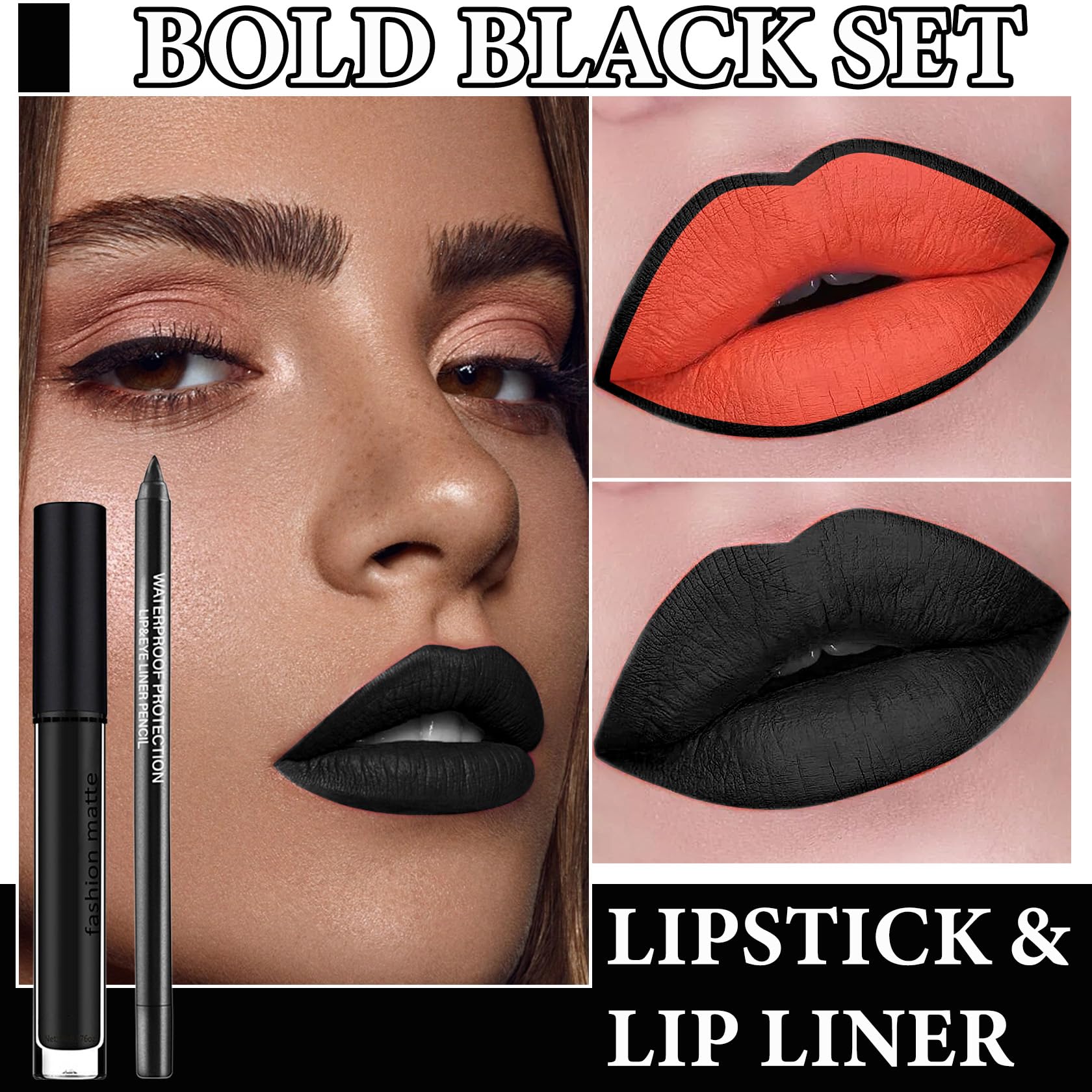 Juego de 2 lápices labiales líquidos y delineadores de labios, mate, impermeable, de larga duración, antiadherente, juego de brillo de labios negro para cosplay, gótico, maquillaje de 2