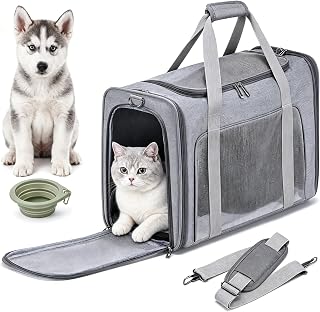 Pet Carrier Bag for Cats and Small Dogs, 55x40x23cm, Foldable Breathable Cabin Size, with Removable Plush Mattress and Cat Bowl for Cats and Puppies Up to 12kg