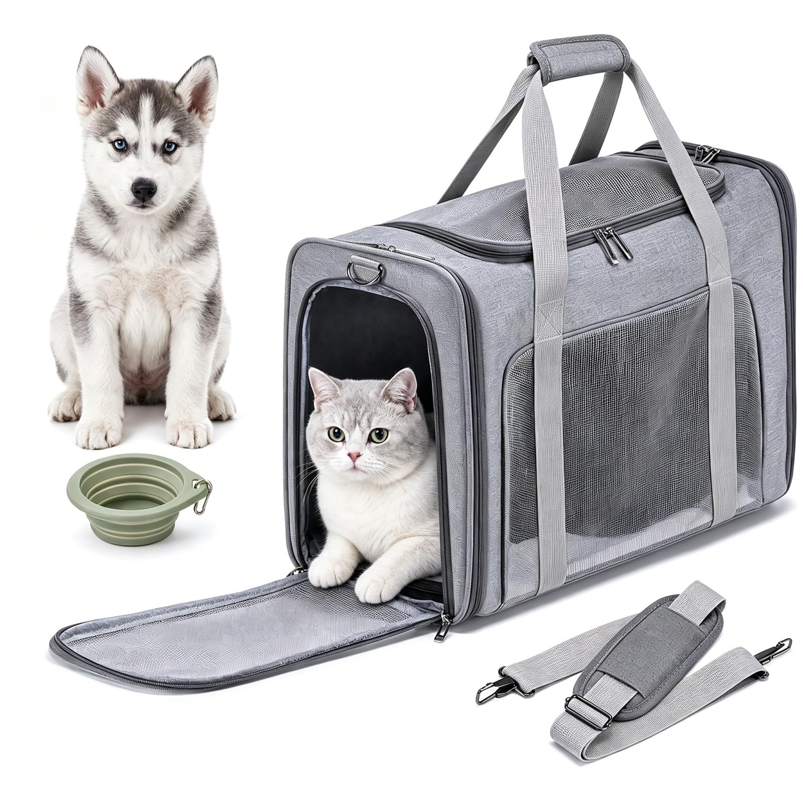 55x40x23cm Transportin Gato Homologado para Avion Cabina, Plegable Bolsa de Transportin Perro Grande Transpirable Cat Carrier con Bebedero Plegable para Gatos y Perros, Air Europa Aerolineas