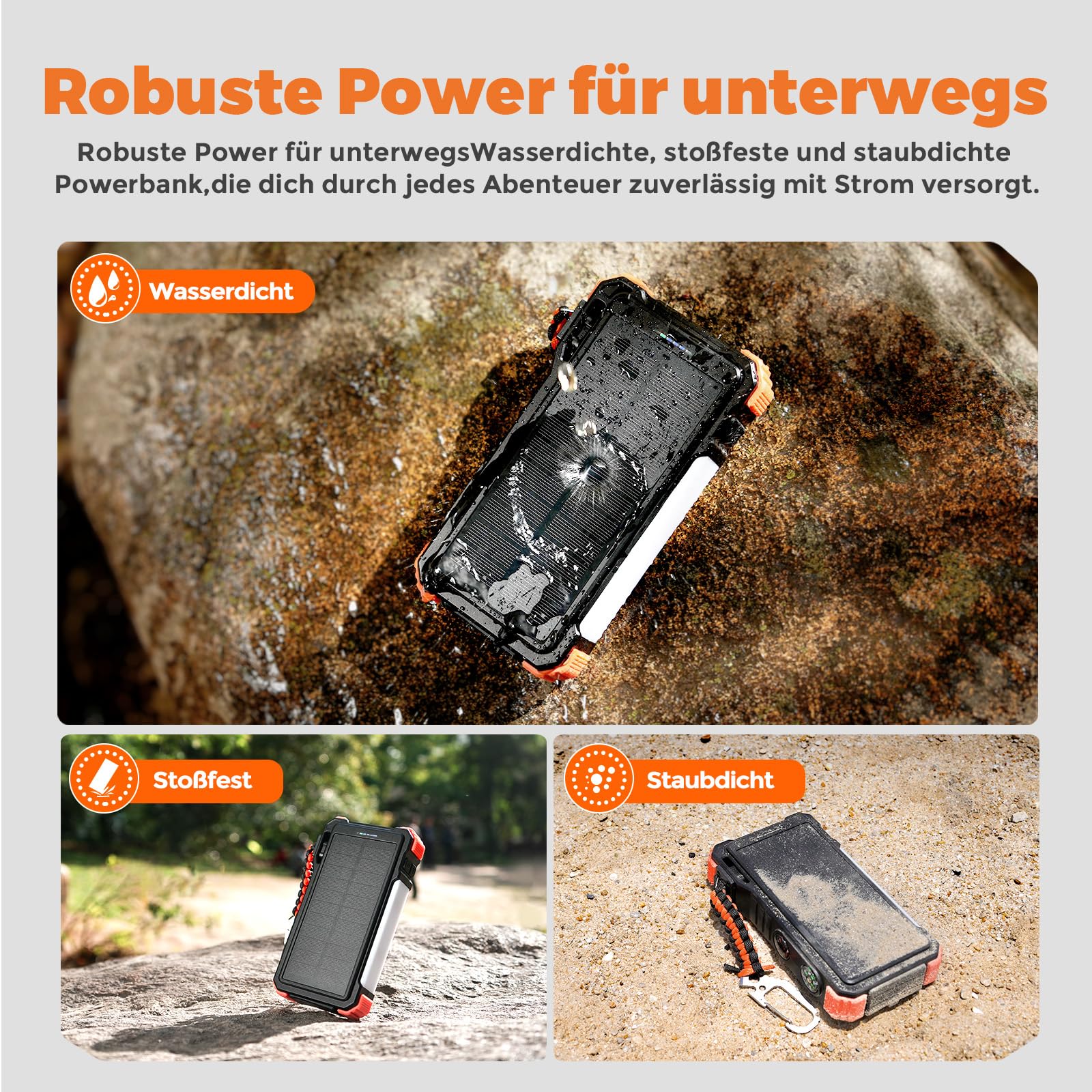BLAVOR Solar Power Bank 20000mAh mit Kable, 20W Schnellladung Solar Ladegerät USB C Externer Akku Portable Charger mit Taschenlampen und Karabiner für alle Handy, Wireless Ladegerät für Apple Watch