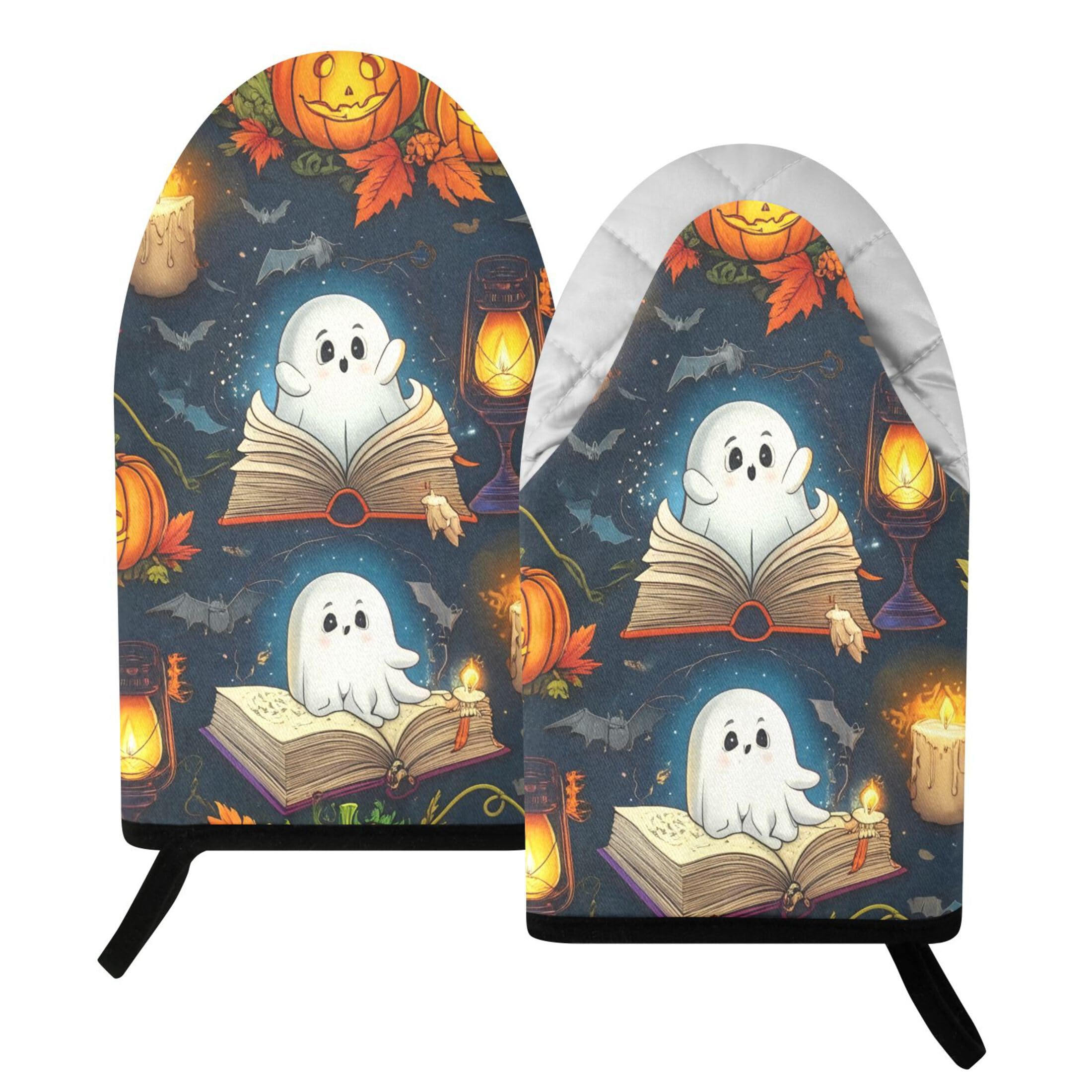 Kutsu Ghosts Reading Books Oven Mitts for Kitchen, Heat Resistant Cotton Oven Gloves for BBQ Baking Cooking, Breathable Kitchen Essentials, 2 pcs
