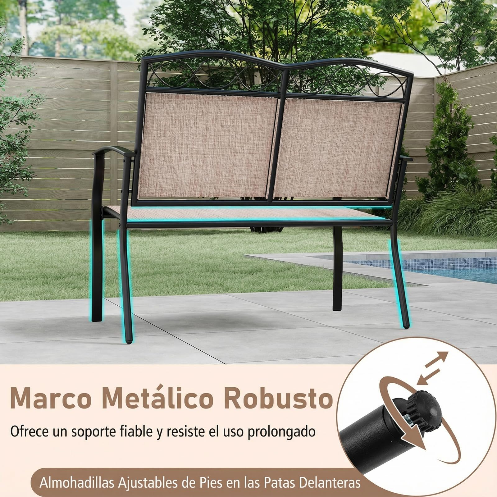 COSTWAY Banco Exterior para 2 Plazas, Tela Textilene Transpirable, Marco de Metal, Banco Jardín con Reposabrazos Curvos, Patio Terraza Piscina, 71 x 105 x 93 cm, Carga 300 kg