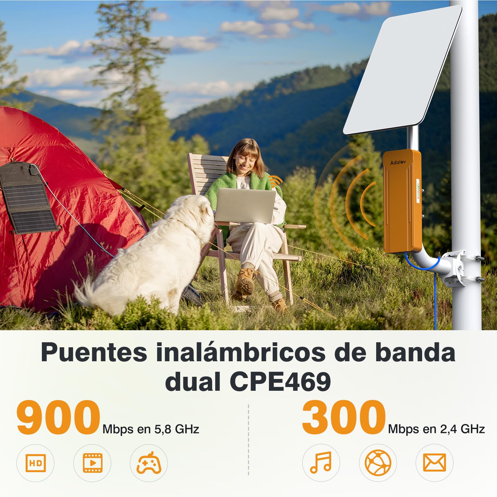 AdaLov CPE469 Gigabit Puente inalámbrico para Exteriores, Doble Banda 5.8G/2.4G 3 km Largo Alcance Bridge Wireless,Extensión de Red a Cámara/Dependencias/Jardín/Garaje/Taller,IP65 Impermeable,24V PoE