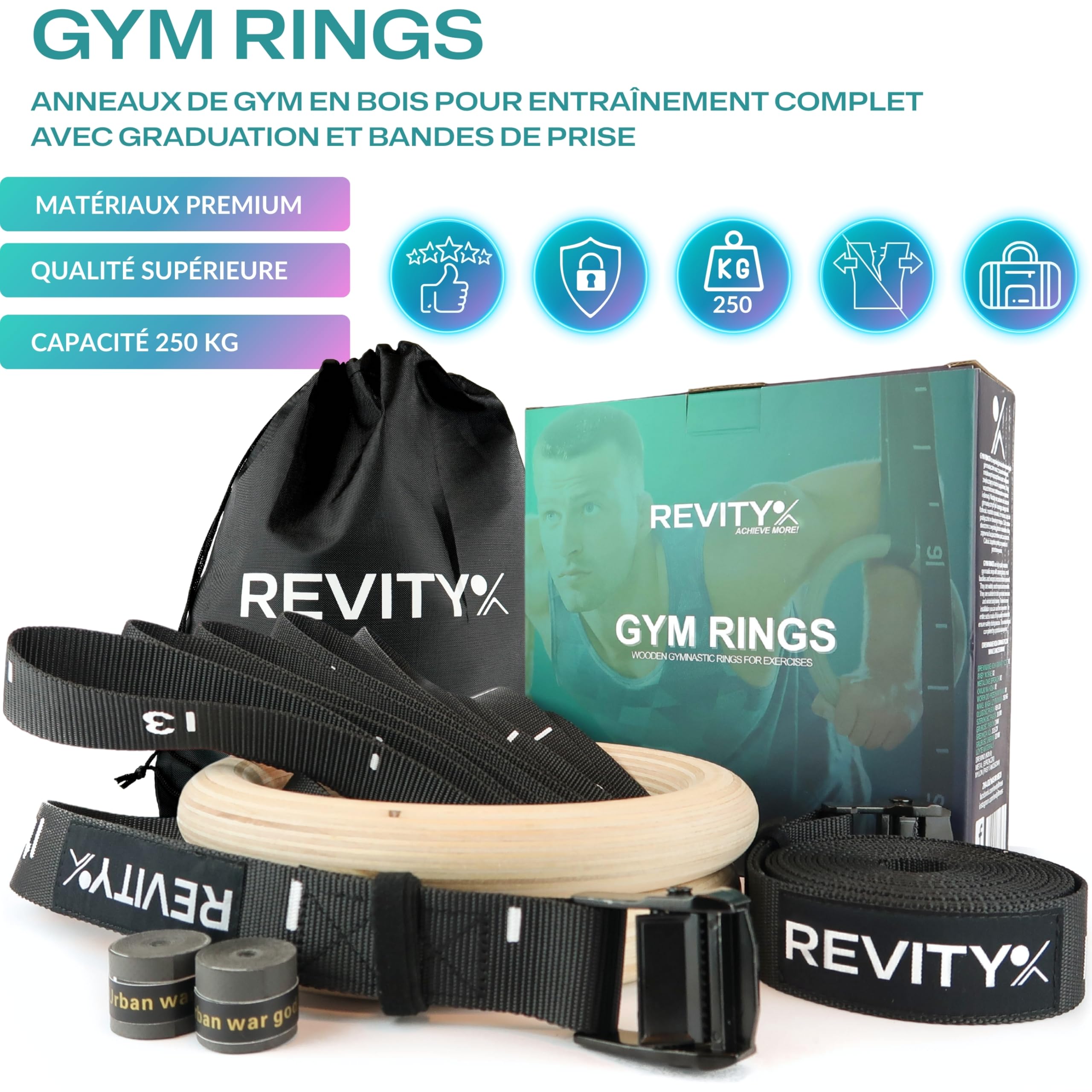 Anneaux Gymnastique en Bois - Anneaux Olympiques 32 mm pour Musculation, Crossfit et Calisthenics, 450 cm Facilement Réglables Sangles de Suspension avec Marquages, Bandes de Grip, Guide PDF