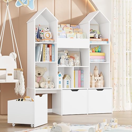 Miniatura 2 de Organizador de almacenamiento de juguetes con techo de castillo, estantería grande para niños con 3 cajones móviles y 9 cubos de almacenamiento,