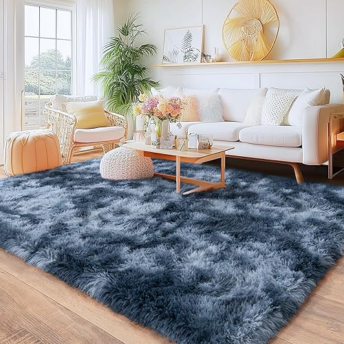 Rugs for Bedroom, Ultra Fluffy Fuzzy Shag 5x7 Area Rug for Living Room, Modern Plush Soft Upgrade Non-Slip Carpet for Kids Girls and Boys, Dorms, Nursery, Home Decor, Tie-Dyed Blue Grey