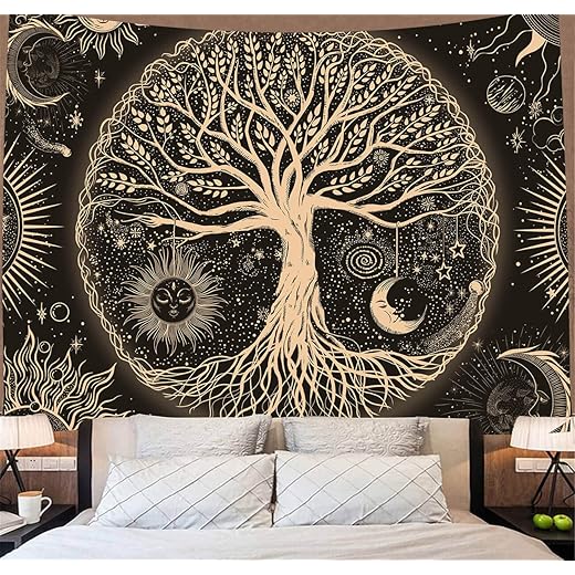 FORATER Tree of Life Tapestry Wall Hanging Sun Moon Stars Tapestries Aesthetic Galaxy Wall Tapestry Nature Home Decoration for Living Room Bedroom(53 x 61 Inch, Black and Gold)