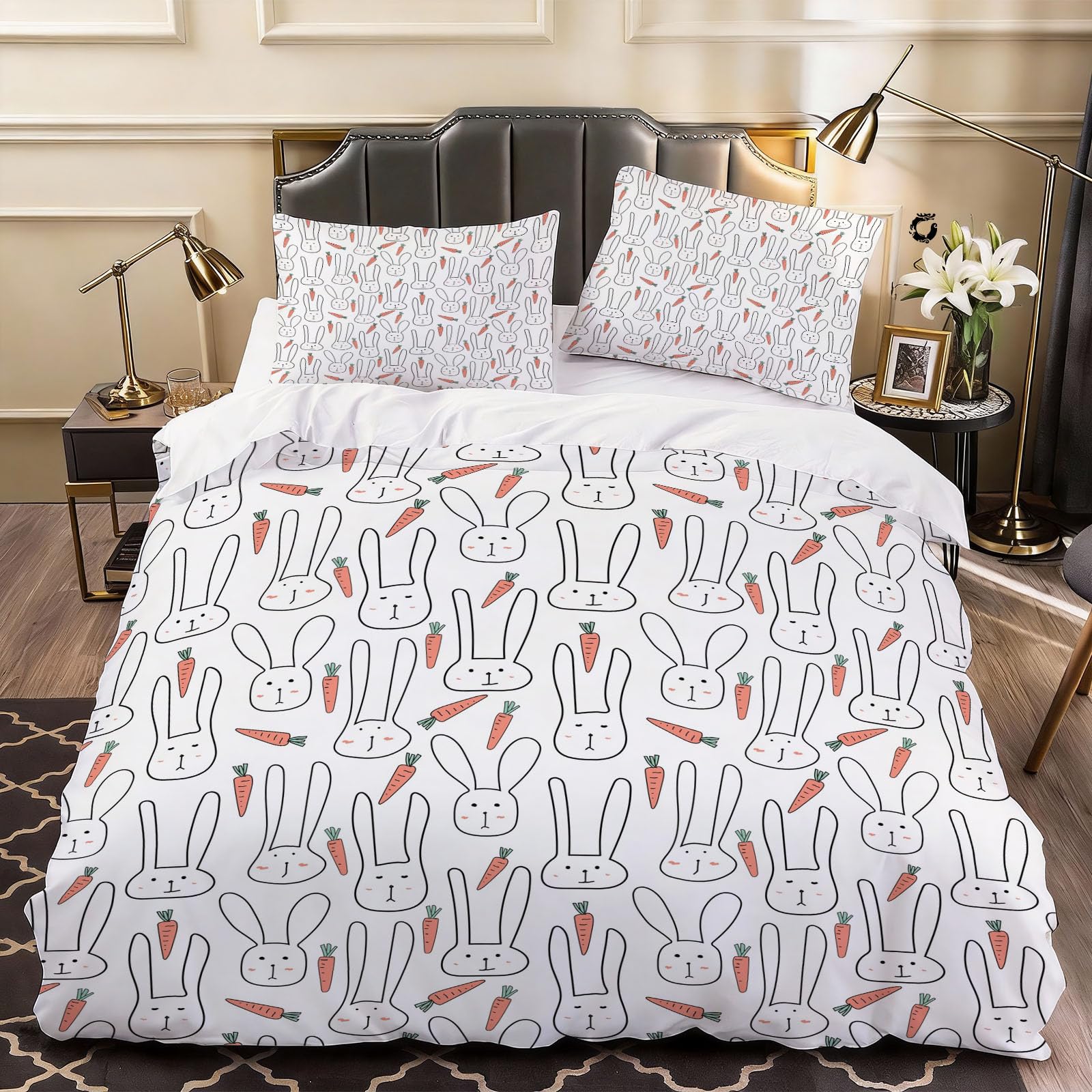 3D Rabbits Print Duvet Cover Cute Bedding Double Bed Set, Soft Microfiber Comforter Cover Printed with Zipper Closure Quilt Coverr 200x200 cm and 2 Pillowcases