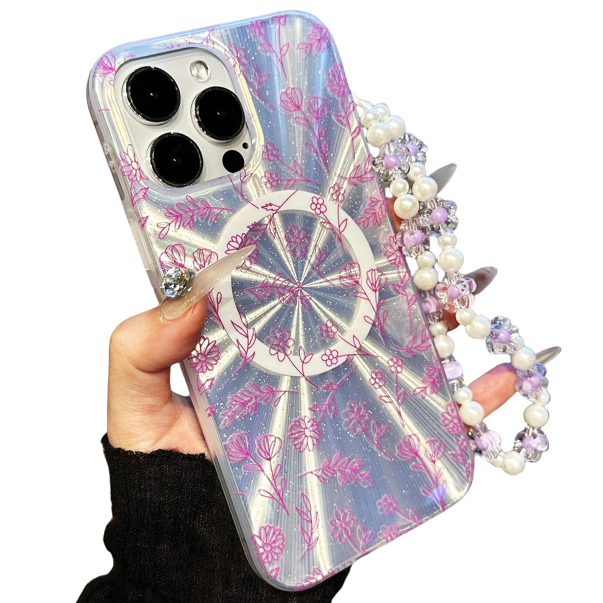 Coque fleurie iPhone 15 avec bracelet perles, le cadeau idéal - 7