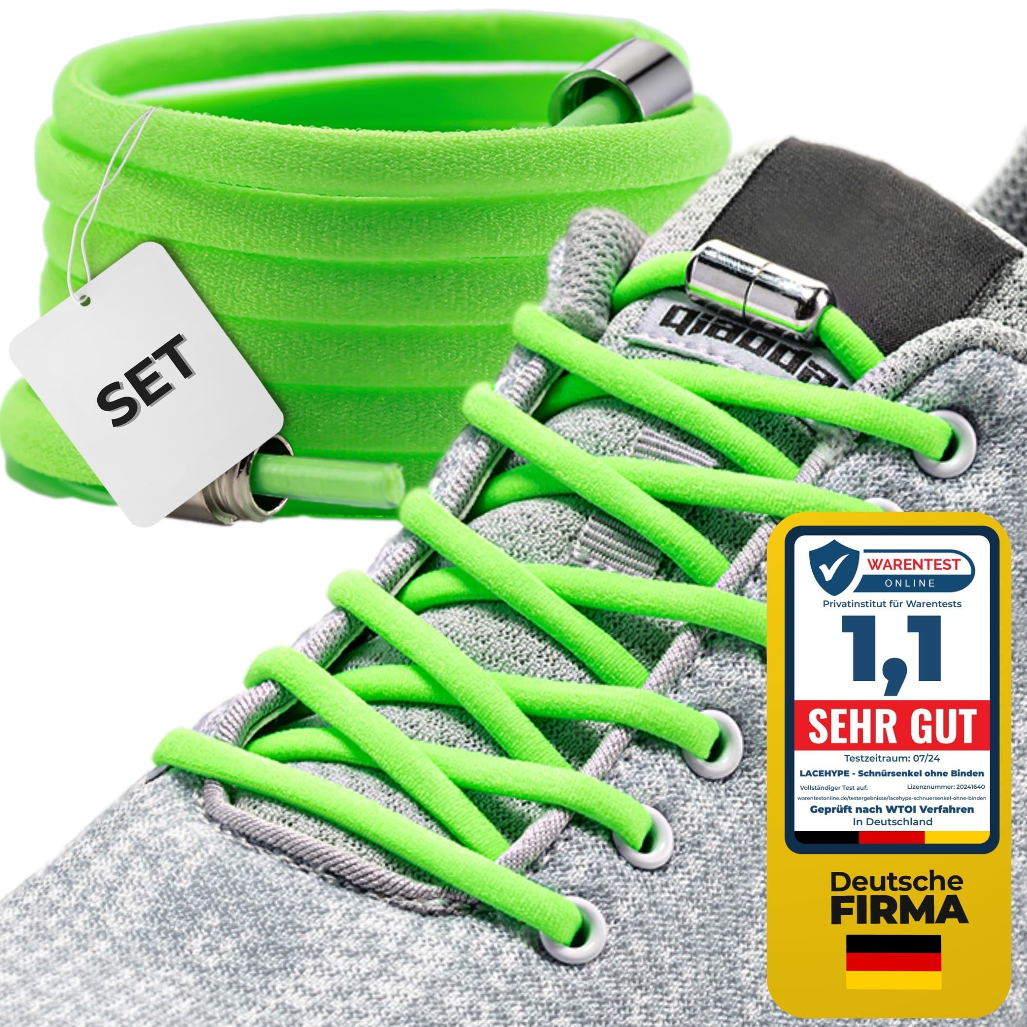 LaceHype - Premium Schnürsenkel ohne binden, elastischeSchuhbänder mit Metallkapseln, 1 oder 2 Paar - CP2 - mit Kapseln für Sneaker, Laufschuhe, Sporschuhe (Grün, 1P)