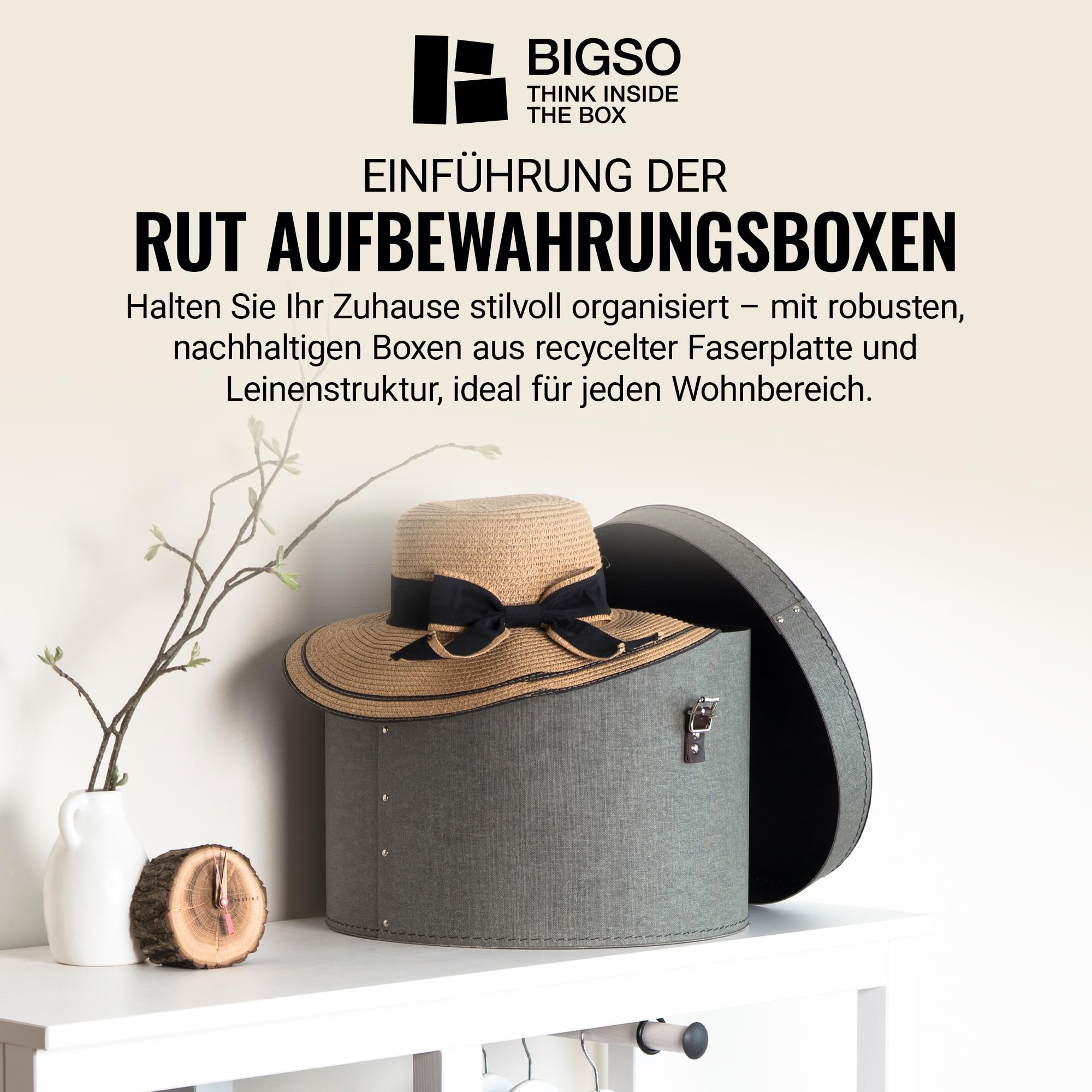BIGSO RUT 2er-Set Aufbewahrungsbox mit Deckel – runde Ordnungsbox mit Lederriemen – große und kleine Hutschachtel aus Faserplatte und Papier in Leinenoptik – grau