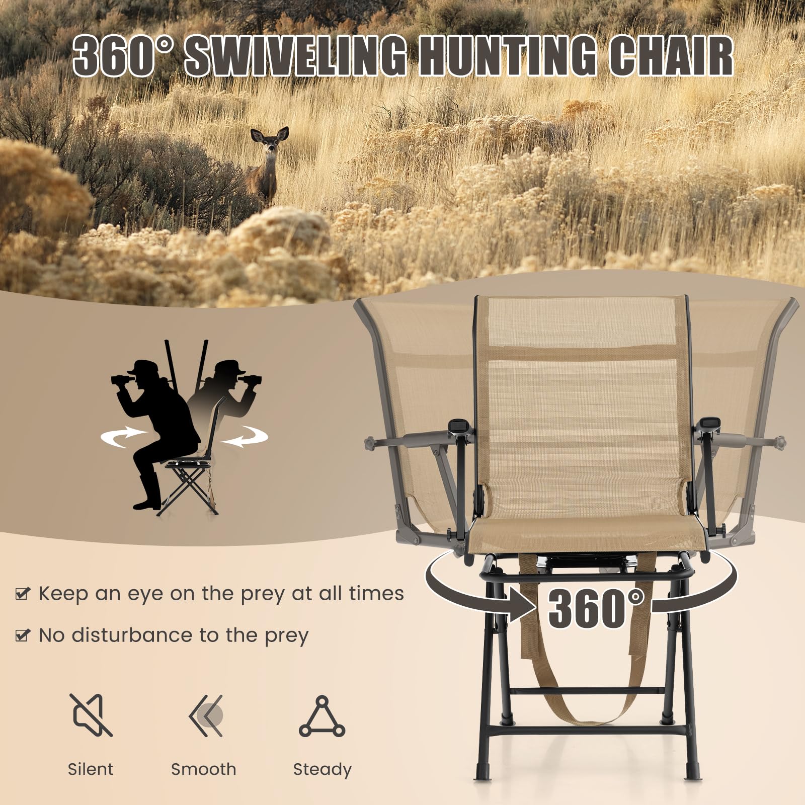 LDAILY Moccha Hunting Chair, 360° Swivel Blind Chair w/Armrest & Mesh Back, Non-Slipping Pads, Sturdy Metal Frame, 330LBS Capacity, Portable and Silent Folding Hunting Chairs for Blinds (Brown)