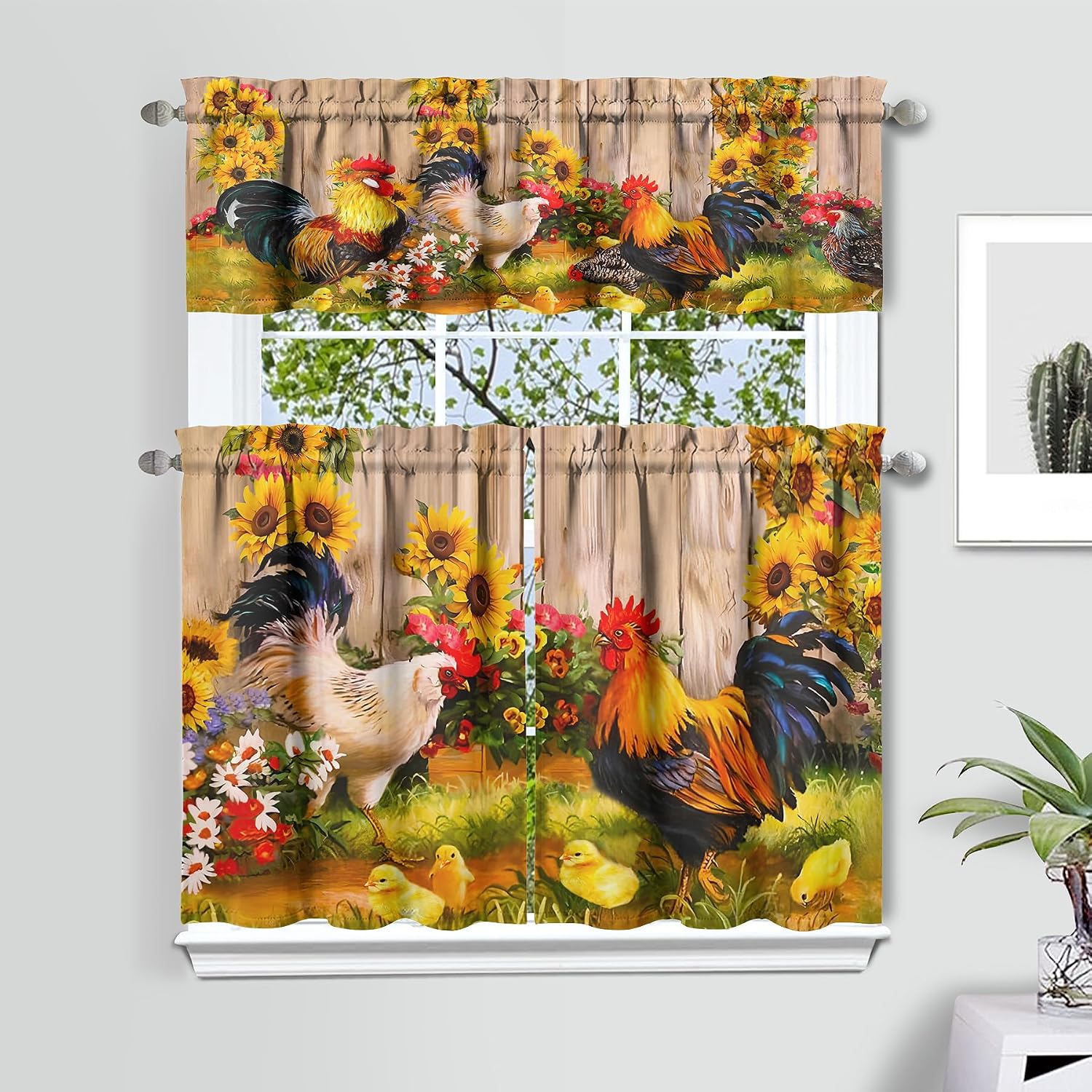 3 Piece Chicken Kitchen Curtains and Valances Set for Windows Rooster Kitchen Window Curtains Over Sink Decor 27.5x36 in
