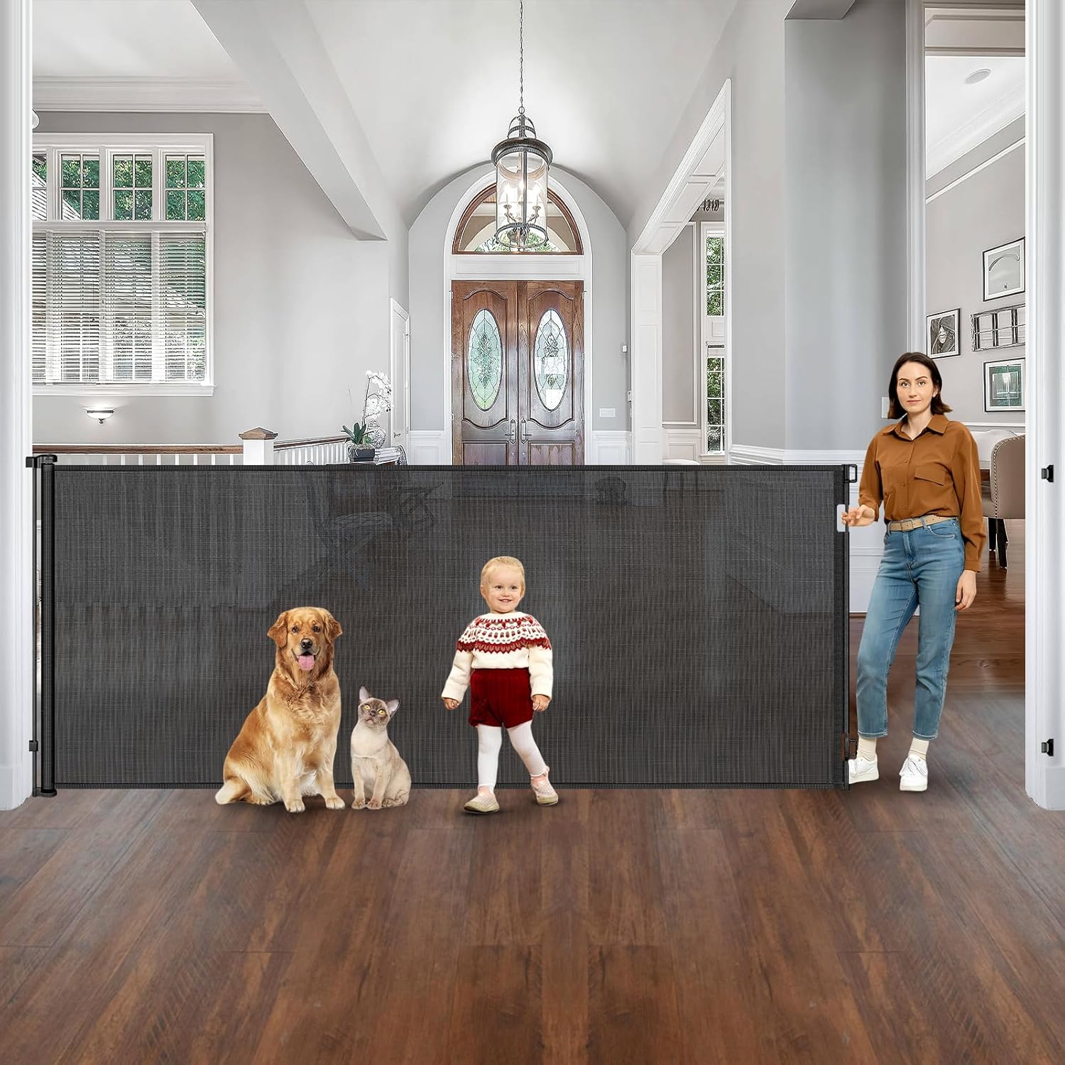 48” Tall 145” Wide Baby Gate Retractable Dog Gate Outdoor Retractable Gate for Dogs Extra Tall Pet Gate Indoor Dog Gate for Doorway Extra Wide Baby Gate No Bottom Bar Mesh Gates for Kids or Pets Black