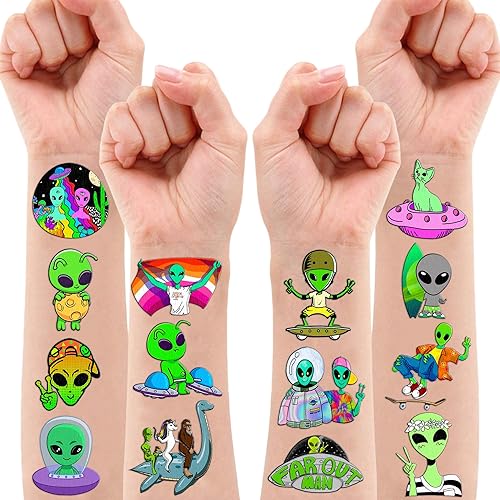 Miniatura 6 de 96 piezas de tatuajes temporales de alienígenas con temática de decoración de fiesta de cumpleaños, suministros de decoración divertida, calcomanías
