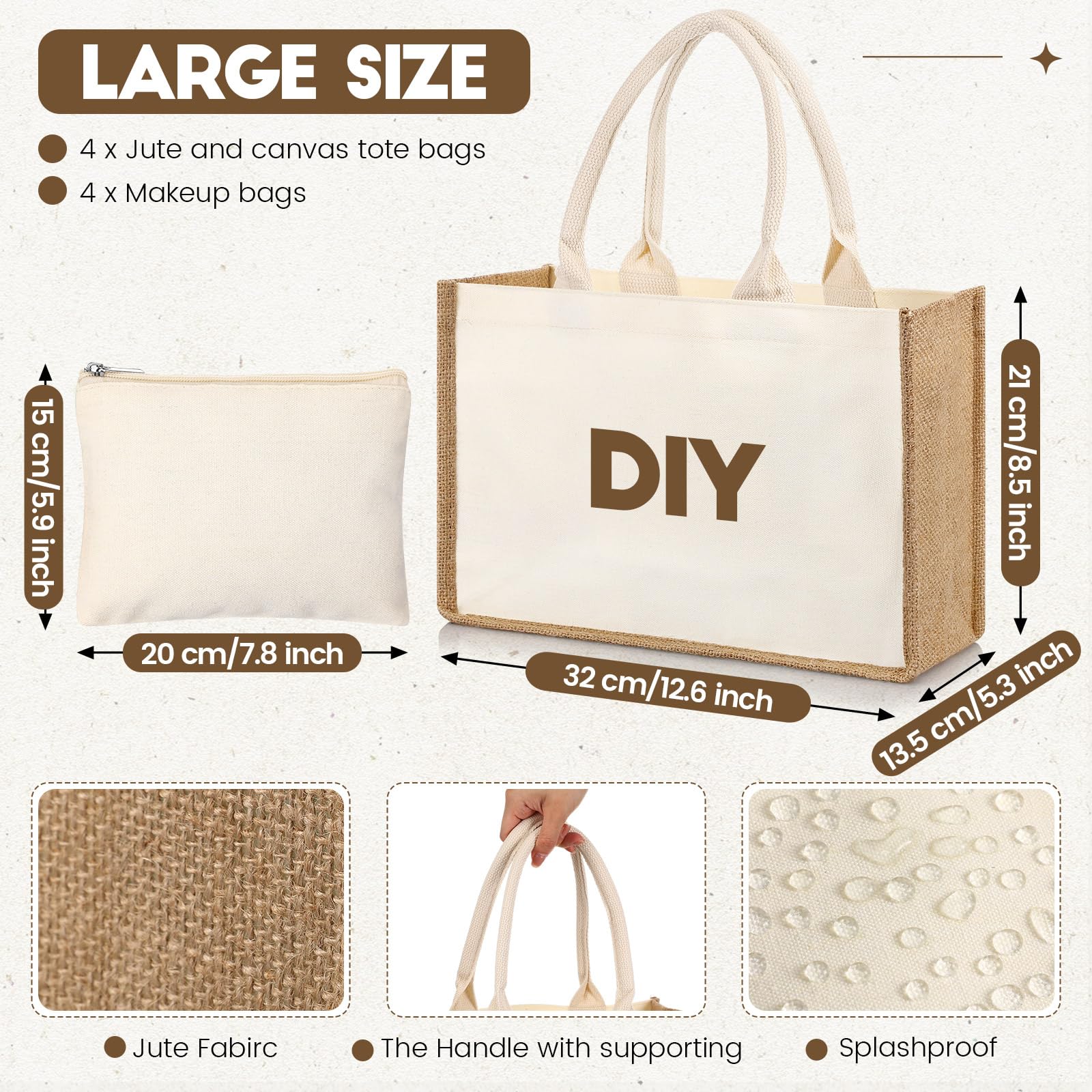 Sweetude 4 Set Jute Burlap Tote Bag with Canvas Makeup Pouch Reusable DIY Craft Blank Gift Bags for Wedding Bridesmaid(Beige)